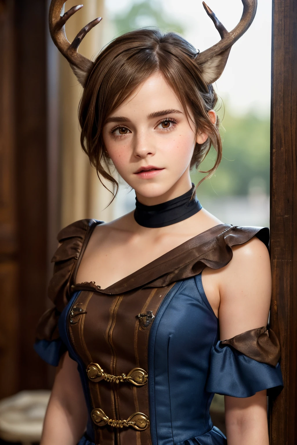 ((Emma Watson Face, 35yo)), ((slight wrinkles, age marks)), (((Shoulder-Length Brown Hair, Brown Eyes))), (two cute deer horns in her head), Wearing a formal blue steampunk dress,