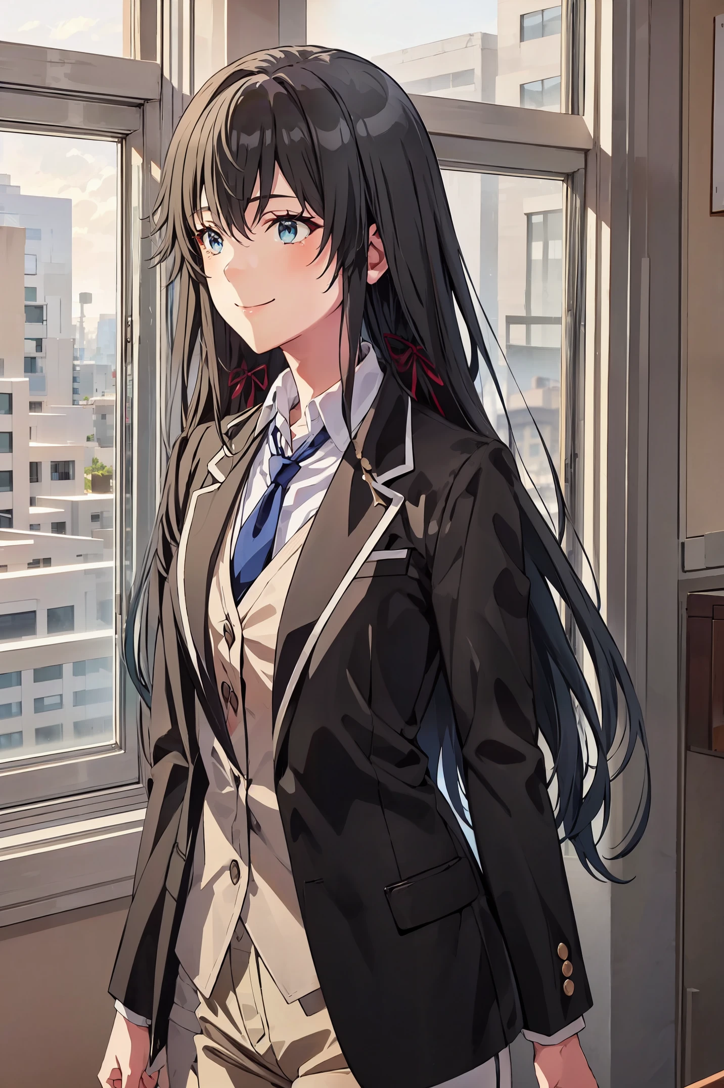 Yukinoshita Yukino ,A woman wearing a formal, attractive coat stands in a large gap in the room , 1girl, 独奏, blue necktie, Black hair, eyes blue, long  hair, smile , collared shirt, white pants, white shirt , Elegantly designed coat , Stand in front of the window ,Elegantly designed tailcoat made of shiny fabric