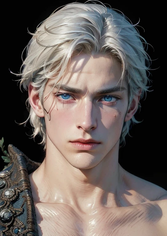 (Portrait of a man), ((35 year old)), white hair, a knight, a little stern, masculine face, roman nose, vivid blue eyes, (((large faded scar over right eye))), hyper realistic, curtain hairstyle, heroic, black armor, frost forest background, realistic, detailed and correct facial structure, johan liebert mixed with dante, handsome, attractive, slightly muscular, cinematic lighting, unreal engine, intricate details, masterpiece, best quality, by Irakli Nadar, Greg Rutkowski, (((best quality))),(((ultra detailed))),(((masterpiece)))