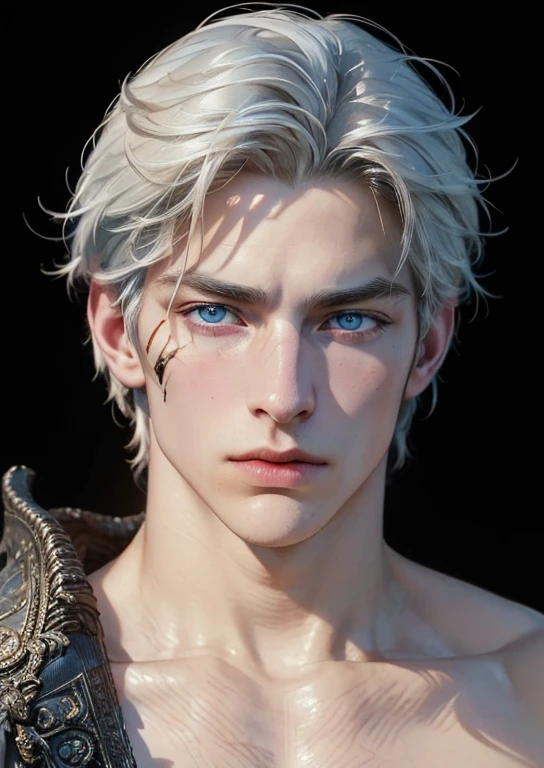 (Portrait of a man), ((35 year old)), white hair, a knight, a little stern, masculine face, roman nose, vivid blue eyes, (((large faded scar over right eye))), hyper realistic, curtain hairstyle, heroic, black armor, frost forest background, realistic, detailed and correct facial structure, johan liebert mixed with dante, handsome, attractive, slightly muscular, cinematic lighting, unreal engine, intricate details,  masterpiece, best quality, by Irakli Nadar, Greg Rutkowski, (((best quality))),(((ultra detailed))),(((masterpiece)))