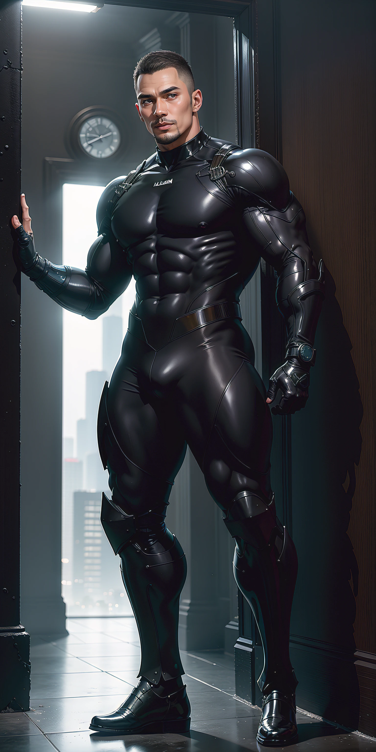 A tall muscular man stands on the wall with his mouth open,He opened his mouth wide,character design(Resident Evil - Chris Redfield,Chris Redfield)Wearing a shiny dark gray wetsuit,The whole body is wrapped,High-end leather texture,Regular symmetrical texture pattern,Standing alone in the ruins of the city, Comfortable and soft large sofa,expression sad,The male protagonist with a deep and charming brown pupil in his right eye,heroic masculine pose,Tall and burly,Muscular!Sexy and attractive leg muscles,tall, Burly, and strong, Wearing a shiny dark gray wetsuit, Super gain and cool, commission for high resolution, Big feet in dark gray boots,Charming strong man,Bright sunlight shines on the body,Reflective and shiny