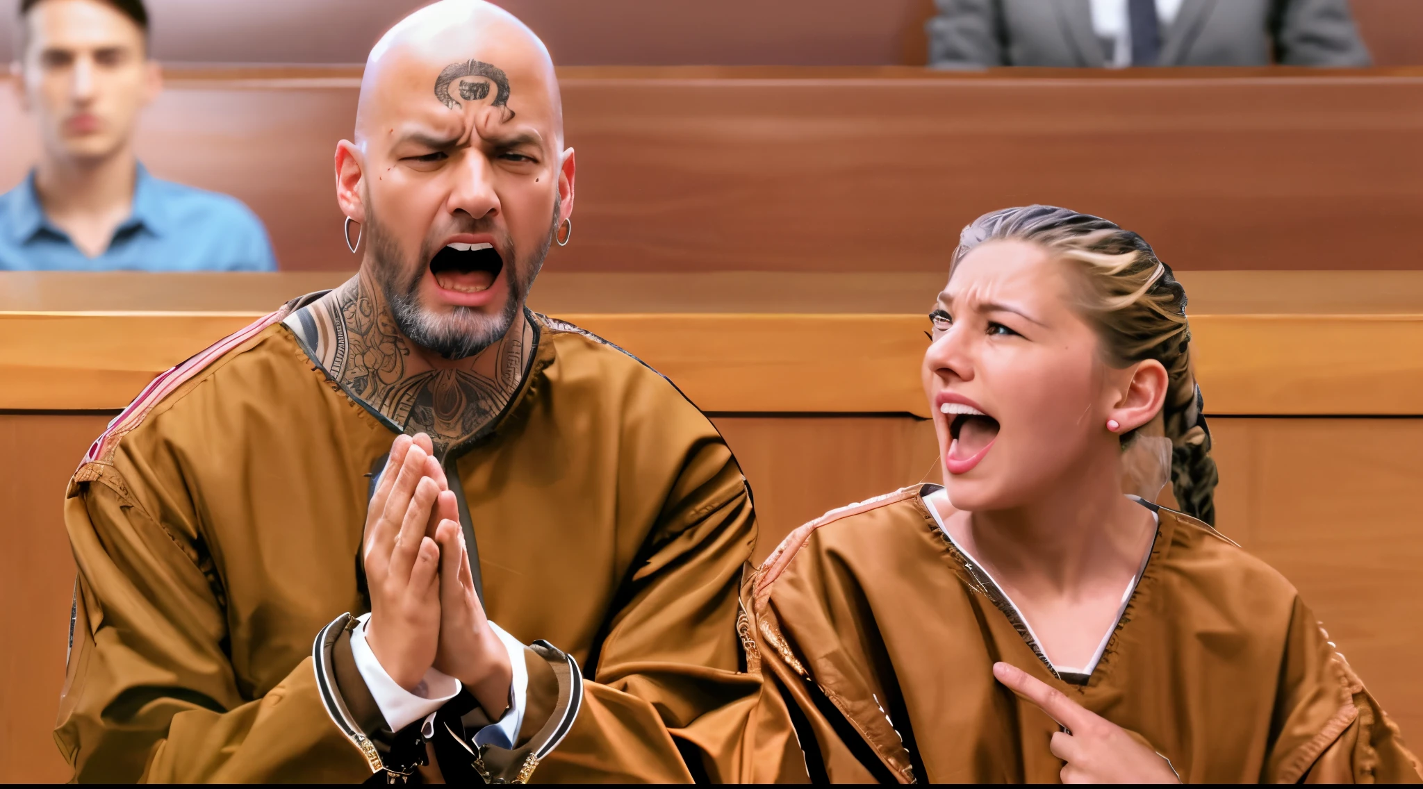 there is a bald man with tattoo at forehead and neck and a blond woman pointing its hand at the bald man wearing prison suit, criminals sitting in court , menacing, courtroom scene, court session images, court images, in a courtroom, criminals, seated in court, bald man crying begging for help, bald man shouting and praying , blond woman crying facing the bald man, background is courtroom with witness. realistic image, 16k resolution, blond woman with intense facial expression, blond woman with angry look, pleading face, actress, blond woman have wrinkles Because of intense expression