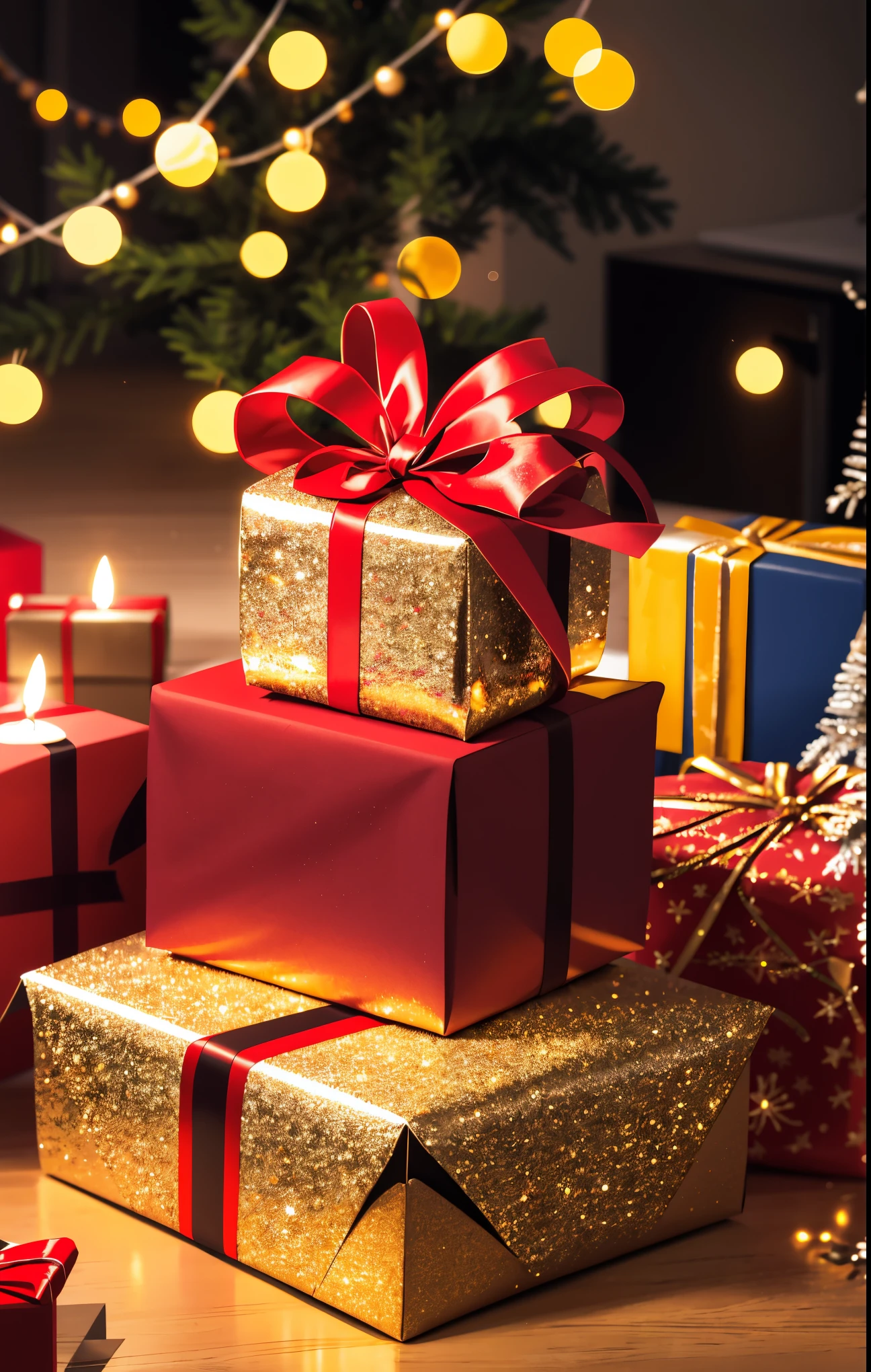 (best quality,4k,8k,highres,masterpiece:1.2),ultra-detailed,realistic,gifts,table,Christmas tree,decorations,wrapping ,bows,ribbon,presents,holiday spirit,vibrant colors,warm lighting,cozy atmosphere,toys,cards,candles,snowflakes,joyful,celebration,exquisite details,exciting surprises,shiny ornaments,sparkling tinsel,beautifully wrapped,excited children,anticipation,festive mood,magical ambiance,delightful moment,wonderful memories,family gathering,cheerful faces,Christmas magic,extravagant,abundance of presents,HDR,UHD,studio lighting,ultra-fine painting,sharp focus,physically-based rendering,professional,vivid colors,bokeh.