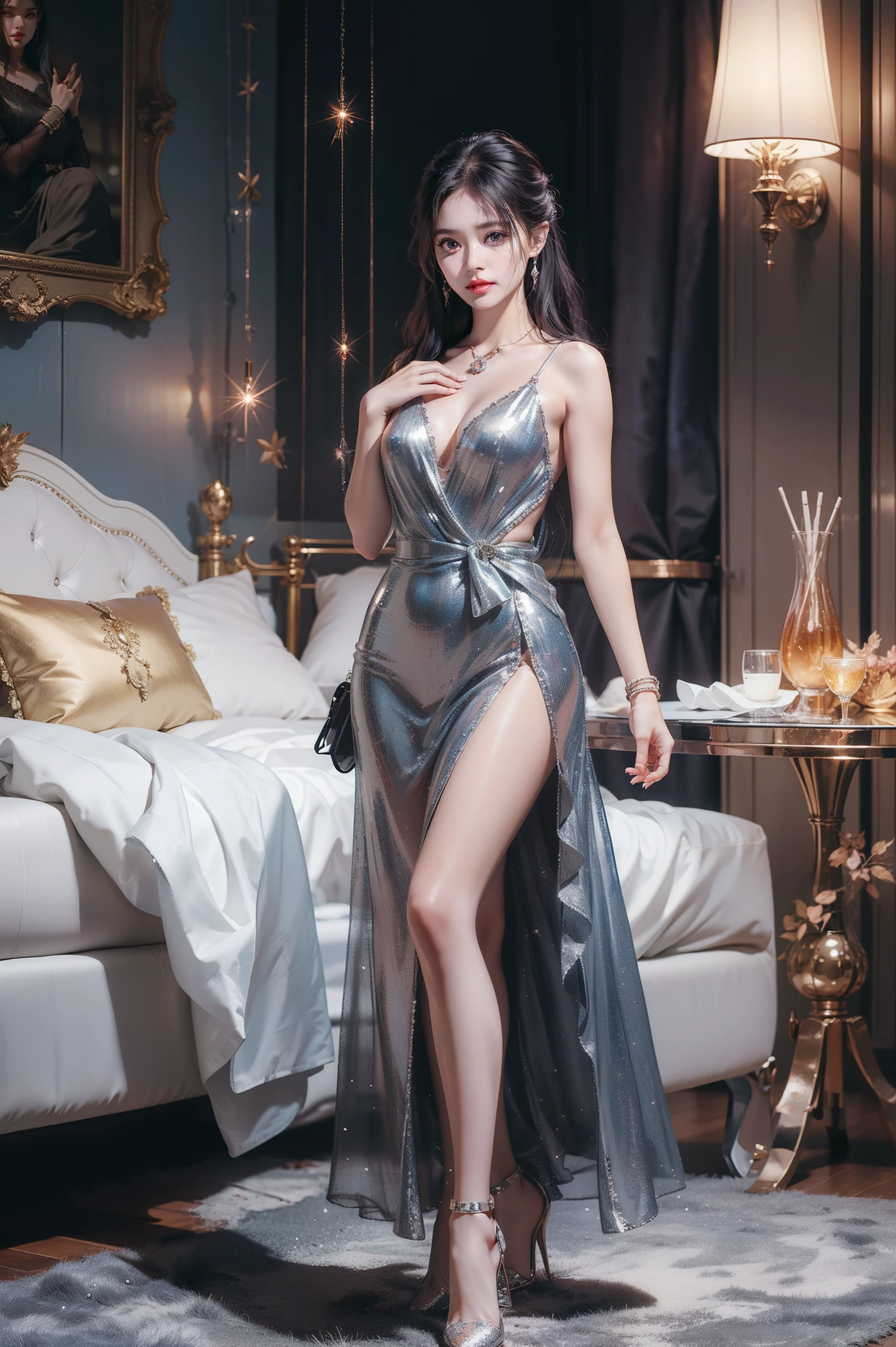 High-quality work,Realistic works,Super premium graphics,8K HD CG works,high quality graphics,High-definition and exquisite CG works,10x pixels,Ultra-fine details:1.1,Advanced technical details:1.1Realistic photo effects,Interior lighting effects:1.5,natural soft light:1.5. Light effect(Virtual light effects:1.8),超高分辨率,shiny blue dress,sliver long hair,silber hair,transparenthair,high detailed hair(Quality hair details:1.1)Clear eyes,Double eyelids look good,Sharp eye makeup, Create exquisite eyelash makeup, tthin eyebrows, Ultra-detailed eyes,a tall nose, lovely red lips, rosey cheeks, With delicate makeup on her face , pretty face, The face shape is perfectly proportioned,(Advanced facial details:1.1)Shiny blue luxury dresselue sequined dress collection,Sequin coat,Shiny,Tight long skirt,Summer sexy hip wrapped fishtail sleeveless commuter maxi,Horse socks 100%Oily Panst Glossy Silk Gloss 8D Black Silk Women,Beautiful long dress with stiletto heels,Wonderful red series,High fashion dress collection,Dress photography,Authentic dress work,inside a ballroom,Women's artwork,Dress full body video,真实感,Amazing Cleavage,My eyes are very bright today