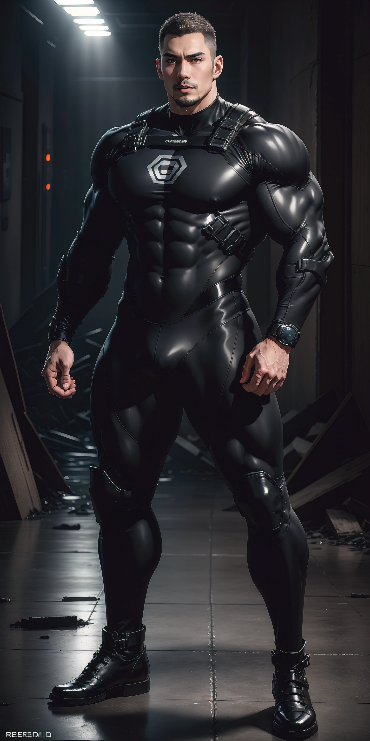 A tall muscular man stands on the wall with his mouth open，He opened his mouth wide，character  design（Resident Evil - Chris Redfield，Chris Redfield）Wearing a shiny dark gray wetsuit，The whole body is wrapped，High-end leather texture，Regular symmetrical texture pattern，Standing alone in the ruins of the city, Comfortable and soft large sofa，expression sad，The male protagonist with a deep and charming brown pupil in his right eye，heroic masculine pose，Tall and burly，Muscular！Sexy and attractive leg muscles，tall, Burly, and strong， Wearing a shiny dark gray wetsuit， Super gain and cool， commission for high resolution， Big feet in dark gray boots，Charming strong man，Bright sunlight shines on the body，Reflective and shiny