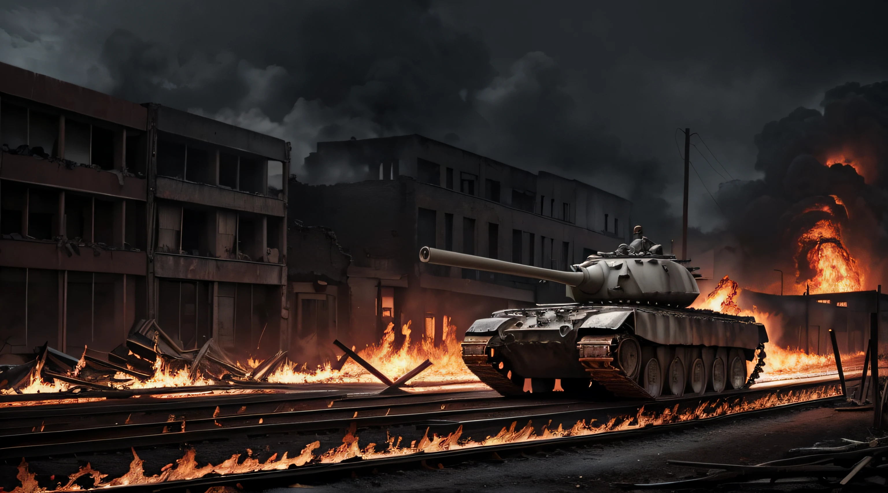 karo、pain、Destroyed city、tanks、troop、dark ambiance、high-level image quality、masuter piece