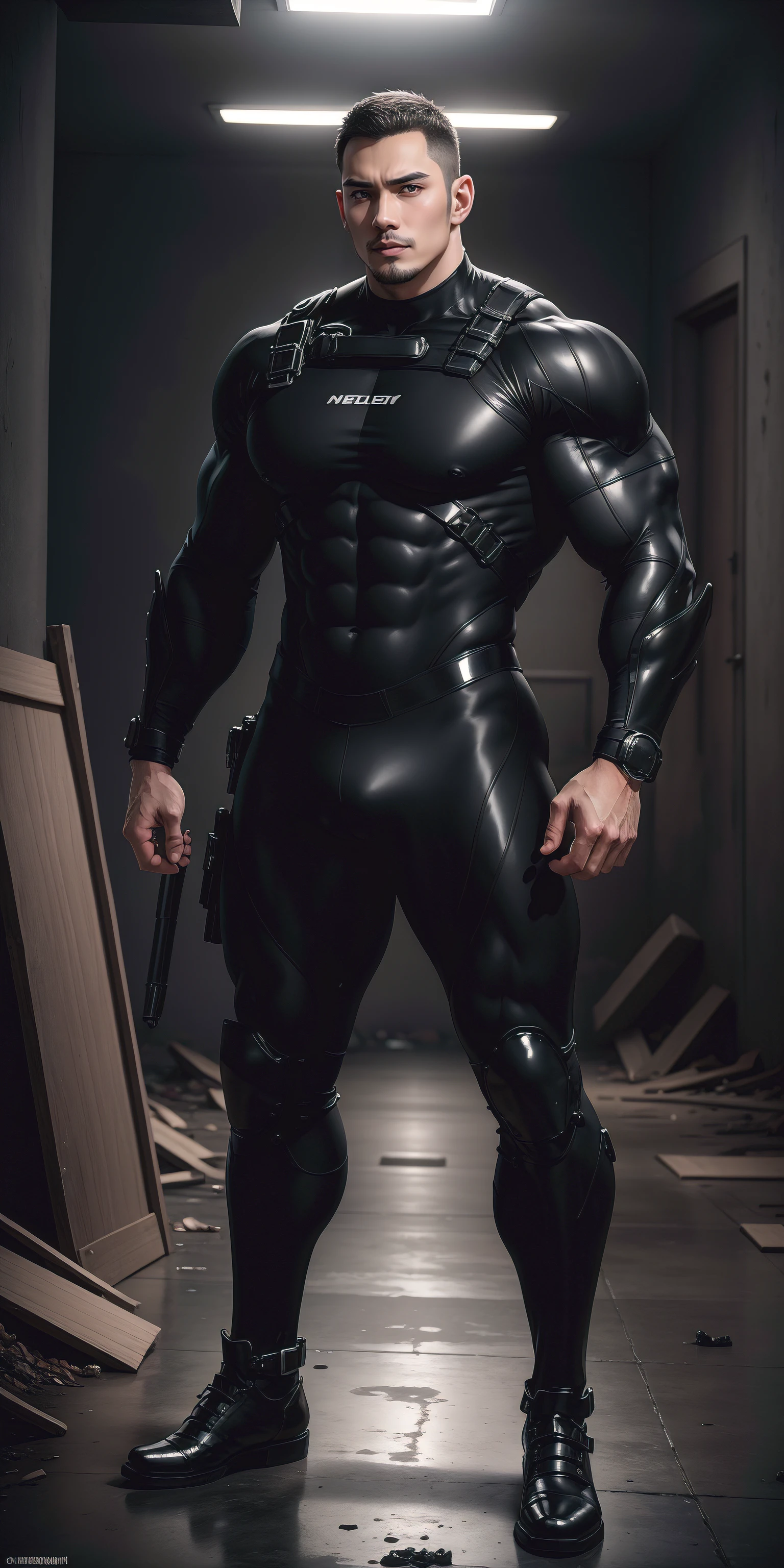 A tall muscular man stands on the wall with his mouth open，He opened his mouth wide，character  design（Resident Evil - Chris Redfield，Chris Redfield）Wearing a shiny dark gray wetsuit，The whole body is wrapped，High-end leather texture，Regular symmetrical texture pattern，Standing alone in the ruins of the city, Comfortable and soft large sofa，expression sad，The male protagonist with a deep and charming brown pupil in his right eye，heroic masculine pose，Tall and burly，Muscular！Sexy and attractive leg muscles，tall, Burly, and strong， Wearing a shiny dark gray wetsuit， Super gain and cool， commission for high resolution， Big feet in dark gray boots，Charming strong man，Bright sunlight shines on the body，Reflective and shiny