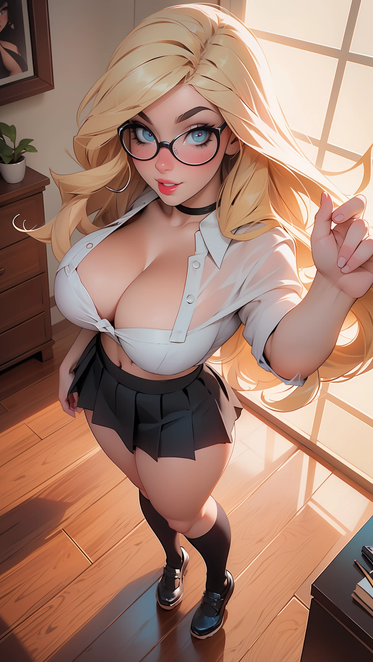 Photorealistic style, Instagram pic, selfie, ((Full body)), fercosplay:1, (fe galvao), blonde, , ultra pale skin, student, long hair, curly hair, pale skin, large almond eyes, ((sexy catholic school uniform, custom attire As a girl)), ((Thick and toned thighs)), ((toned muscled legs)), slluty look, Hallways, detailed skin, red lipstick, nerd glasses, (big huge cleavage), (top shirt and plizad miniskirt), ((huge neckline, enormeous breast)) ((curvy muscular body)) muscled sexy, natural illumination, realistic detailed, excited, depth of field, reflection light, god rays, social media composition, cowboy shot, wide shot, from above, f/1.8, 85mm, Nikon, 16k, masterpiece, high details, high quality, highres, wallpaper