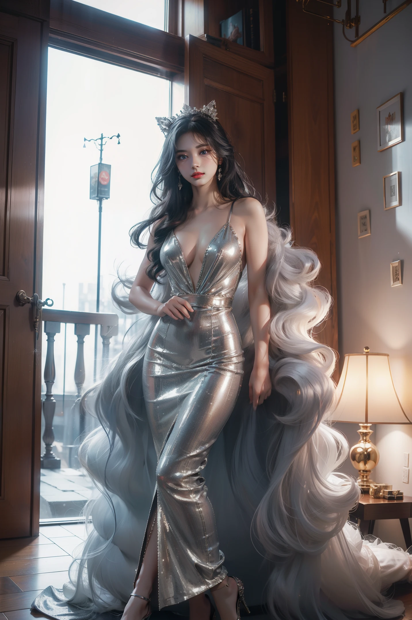 High-quality work,Realistic works,Super premium graphics,8K HD CG works,high quality graphics,High-definition and exquisite CG works,10x pixels,Ultra-fine details:1.1,Advanced technical details:1.1Realistic photo effects,Interior lighting effects:1.5,natural soft light:1.5. Light effect(Virtual light effects:1.8),超高分辨率,shiny blue dress,sliver long hair,silber hair,transparenthair,high detailed hair(Quality hair details:1.1)Clear eyes,Double eyelids look good,Sharp eye makeup, Create exquisite eyelash makeup, tthin eyebrows, Ultra-detailed eyes,a tall nose, lovely red lips, rosey cheeks, With delicate makeup on her face , pretty face, The face shape is perfectly proportioned,(Advanced facial details:1.1)Shiny blue luxury dresselue sequined dress collection,Sequin coat,Shiny,Tight long skirt,Summer sexy hip wrapped fishtail sleeveless commuter maxi,Horse socks 100%Oily Panst Glossy Silk Gloss 8D Black Silk Women,Beautiful long dress with stiletto heels,Wonderful red series,High fashion dress collection,Dress photography,Authentic dress work,inside a ballroom,Women's artwork,Dress full body video,真实感,Amazing Cleavage,My eyes are very bright today