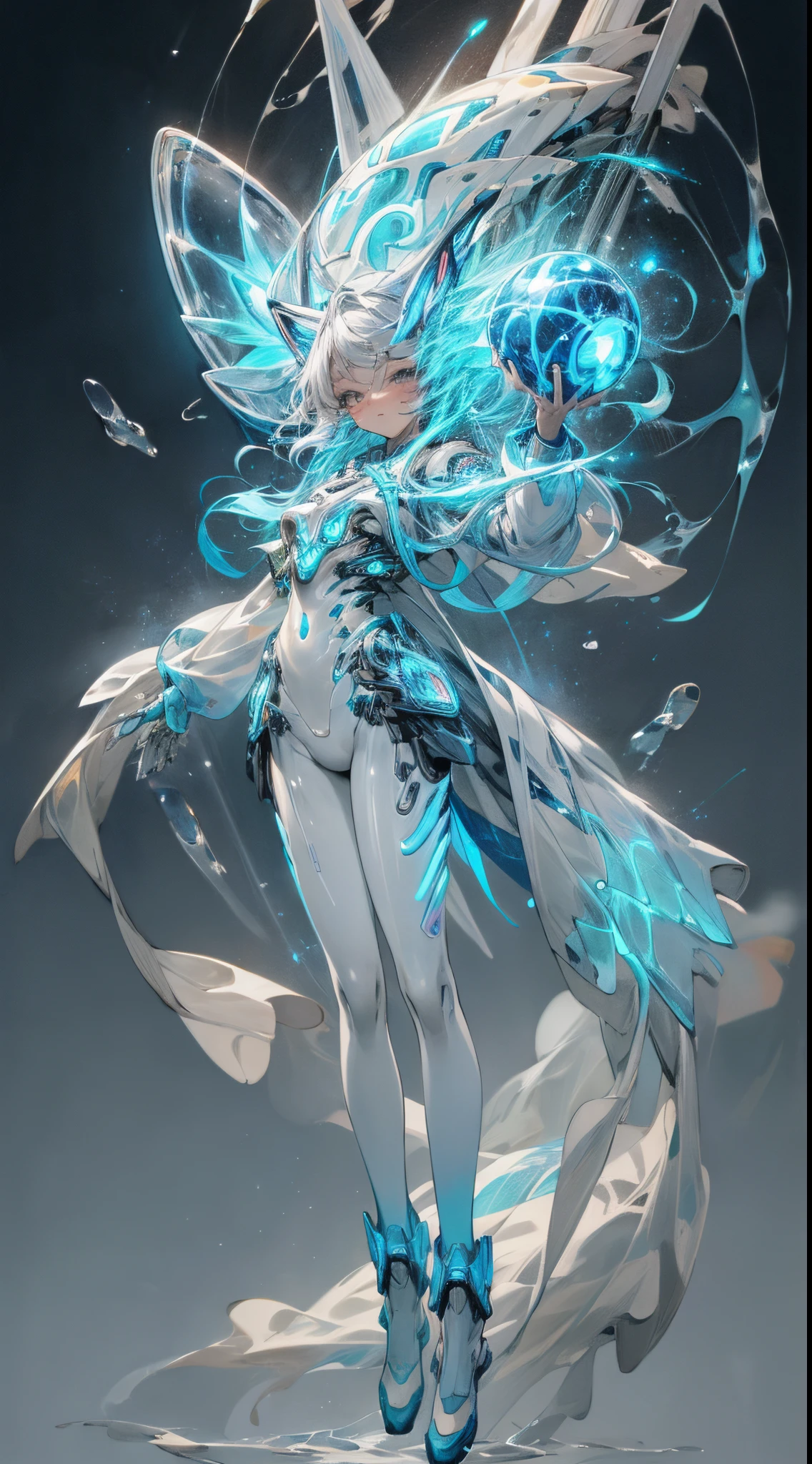 (Cowboy shot),(masterpiece, highest quality: 1.3), (16k, high resolution: 1.3), beautiful  girl, mechanical body, transparent skin, cinematic light, bioluminescence, very cute and beautiful korean woman Idol, full body, staring at the viewer, dignified eyes full of determination, holding blue thunder ball and splash around her,