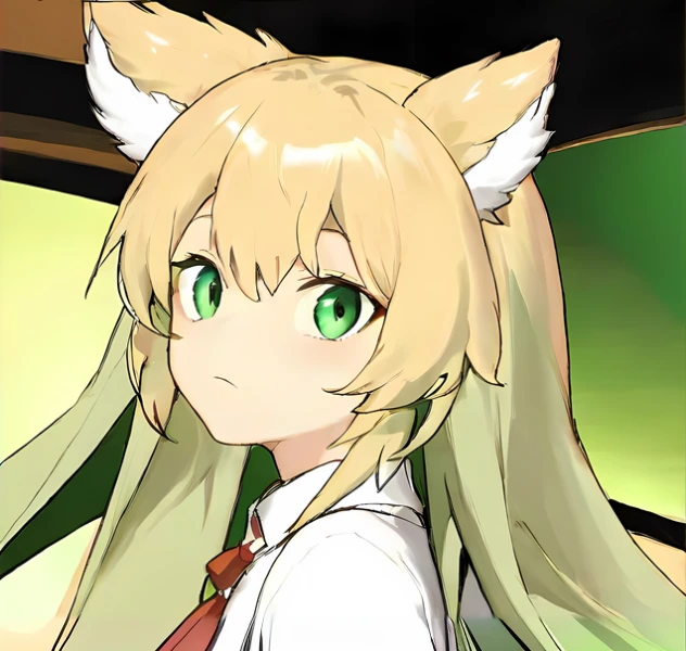 animemanga girl，long blond hair and green eyes，in a white shirt, anime cat girl, Anime cute art style, inca, Shikami, cute anime catgirl, Holo is a wolf girl, Cat ears anime girl, nekomimi, Fox letter, Tornado, change, sheila furry affinity