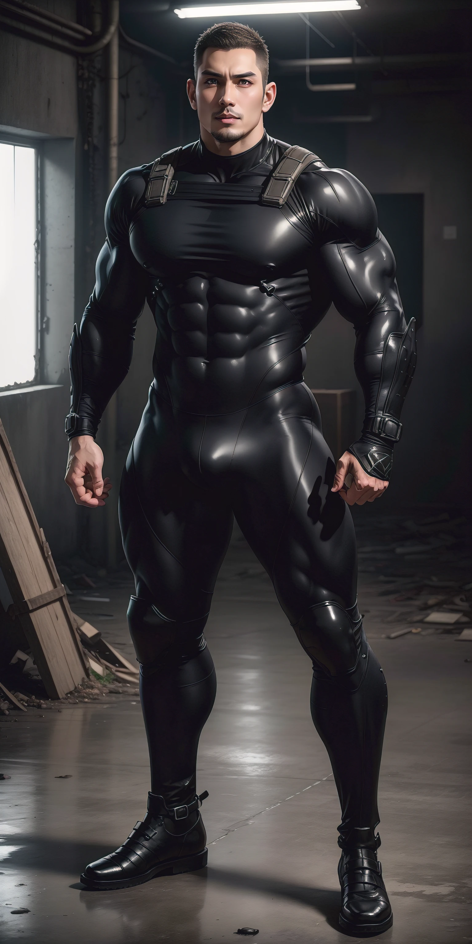 a hoge, The two-meter-tall muscular man opened his mouth and shouted.，He opened his mouth wide，character  design（Resident Evil - Chris Redfield，Chris Redfield）Wearing a shiny dark gray wetsuit，The whole body is wrapped，High-end leather texture，Regular symmetrical texture pattern，Standing alone in an abandoned factory, There are also large, comfortable and soft sofas to suppress sadness.，The male protagonist with a deep and charming brown pupil in his right eye，heroic masculine pose，Tall and burly，Muscular！Sexy and attractive leg muscles，tall, Burly, and strong， Wearing a shiny dark gray wetsuit， Super gain and cool， commission for high resolution， Big feet in dark gray boots，Charming strong man，Bright sunlight shines on the body，Reflective and shiny