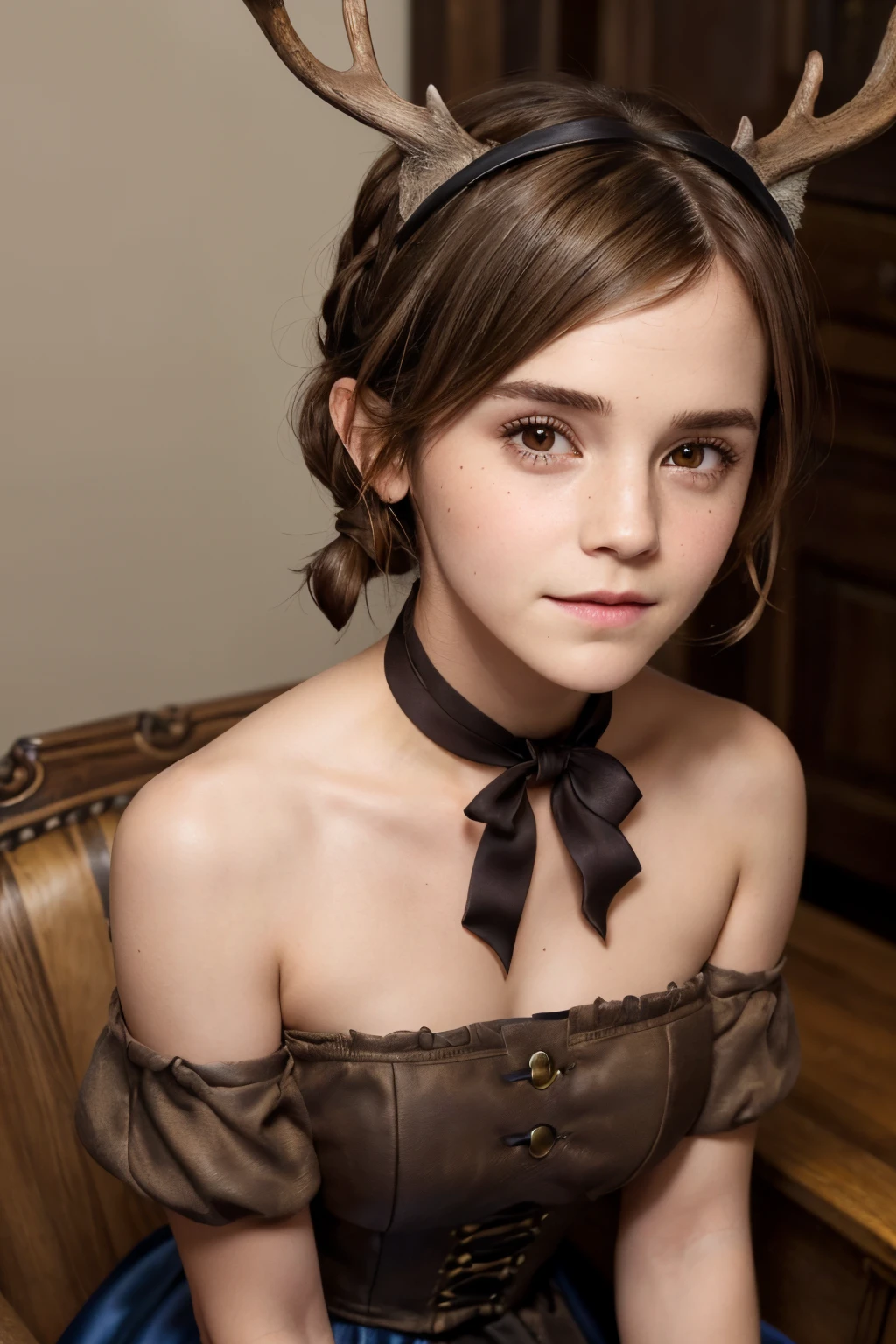 ((Emma Watson Face, 35yo, Shy Smile)), ((slight wrinkles, age marks)), (((Shoulder-Length Brown hair tied into a hairstyle, Brown Eyes))), (two cute deer horns in her head), Wearing a formal blue steampunk dress,