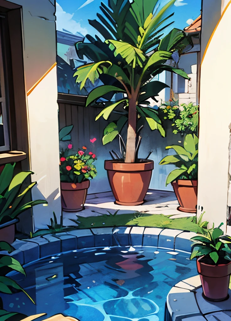 Piscina brilhante e linda, plantas ao redor.  patio de uma casa com grama. Fundo do anime. Manga Page