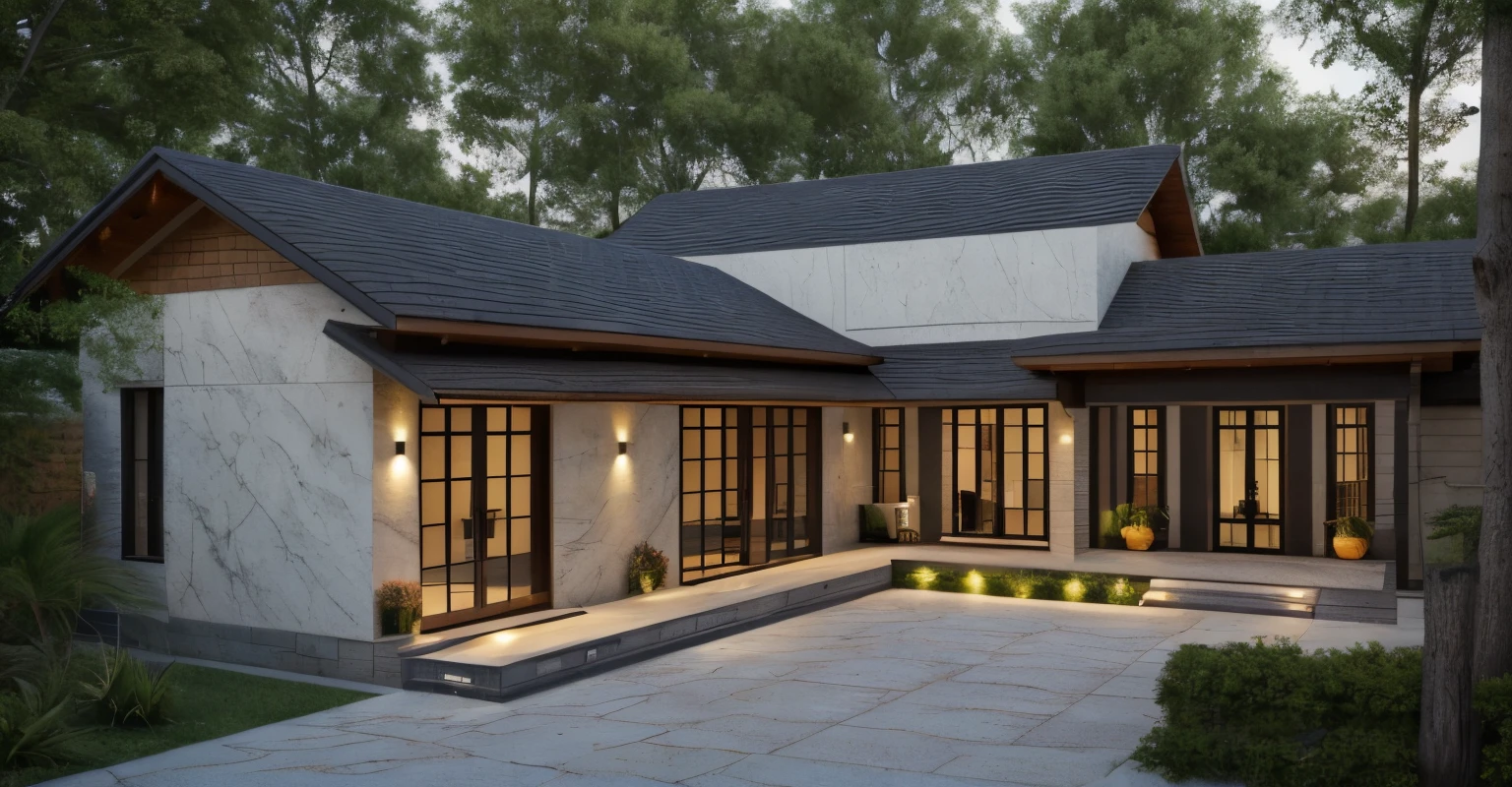 Realistic images, extremely detailed, a modern house, 1 road in font of house, large yard made by ceramic, (1 car), brick fence, lawn, a few small flowers, a road in front of the house, main materials of the house are white walls and red brick, Modern design, clear blue sky, sunrise light, light from inside, dynamic light,shimering light, cinematic light, romantic feeling, (((day light, warm light)))
