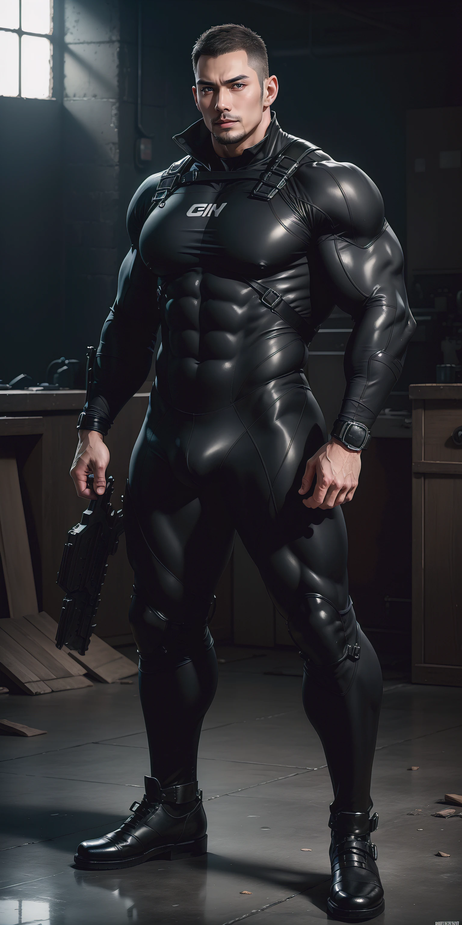 a hoge, The two-meter-tall muscular man opened his mouth and shouted.，He opened his mouth wide，character  design（Resident Evil - Chris Redfield，Chris Redfield）Wearing a shiny dark gray wetsuit，The whole body is wrapped，High-end leather texture，Regular symmetrical texture pattern，Standing alone in an abandoned factory, There are also large, comfortable and soft sofas to suppress sadness.，A hero with deep and charming pupils，heroic masculine pose，Tall and burly，Muscular！Sexy and attractive leg muscles，tall, Burly, and strong， Wearing a shiny dark gray wetsuit， Super gain and cool， commission for high resolution， Big feet in dark gray boots，Charming strong man，Bright sunlight shines on the body，Reflective and shiny