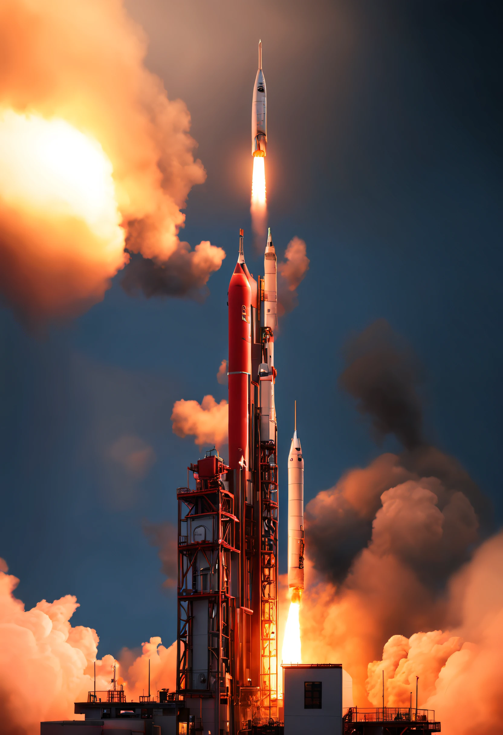 ultra-detalhado,realistic cinema-quality lighting,rocket launch,foguetes subindo,vivid colors,alta resolução,Ultra-realistic details,professional render,motores de foguete disparando,smoke and flames rising,launch,atmosfera futurista,cena noturna,Show Majestoso