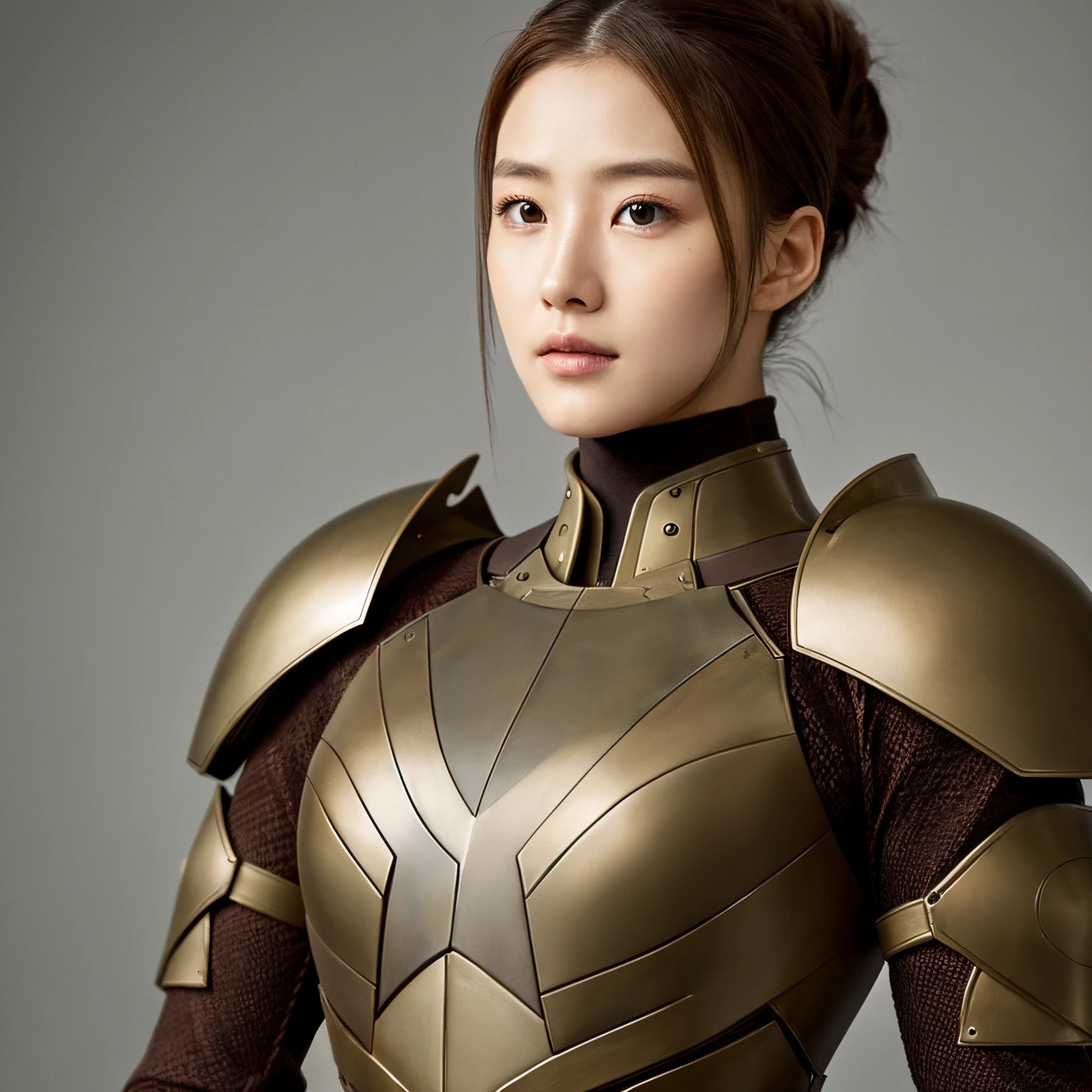 26 year old woman brown hair ponytail　Perfectly sized armored suit　Live Action