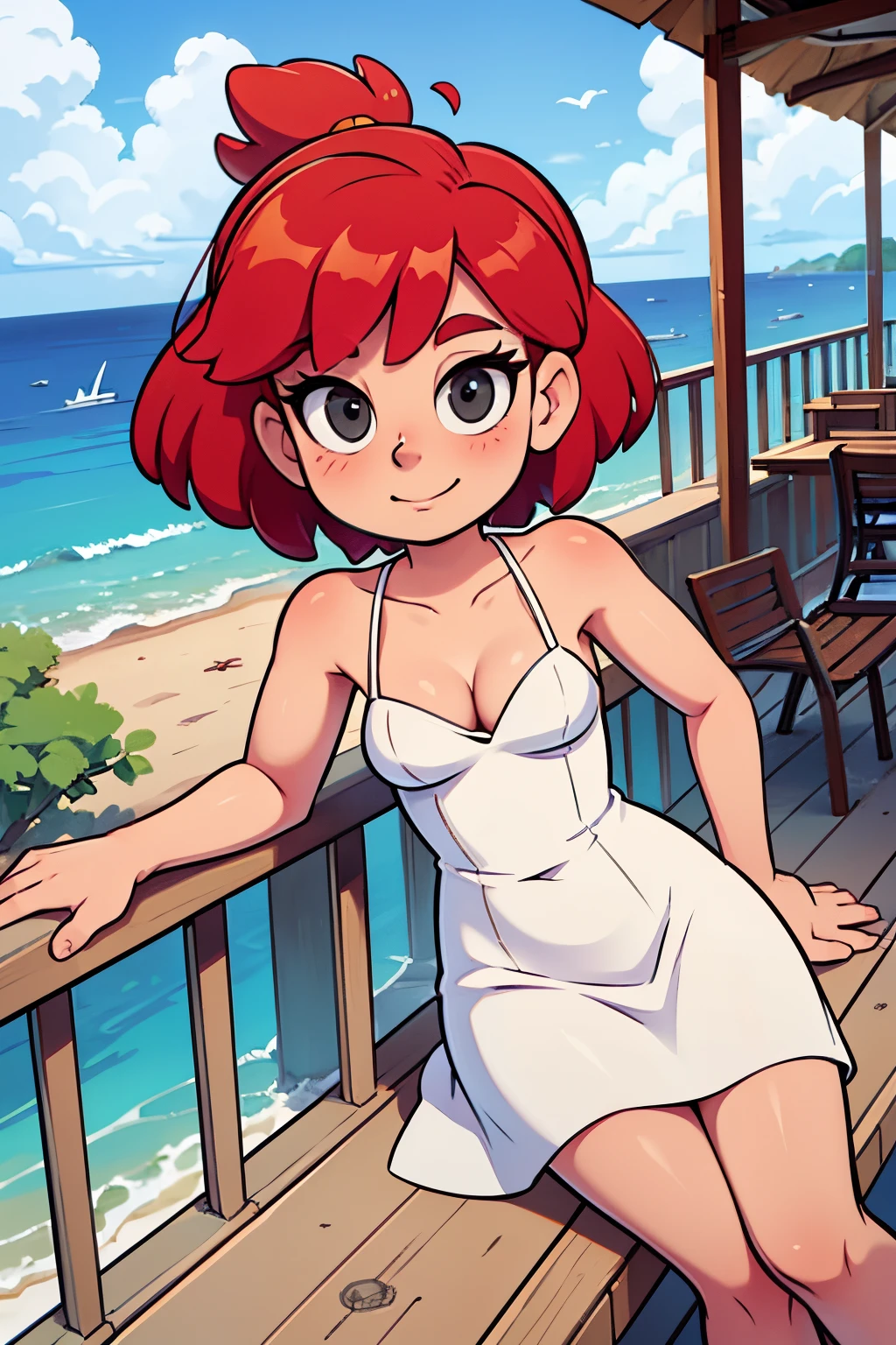 Masterpiece, best quality, 8k, sitting pose, sunny day, red hair, medium hair, bob hair, black eyes, white dress, little white dress, sleeveless, cleavage, closed mouth, happy, ocean, beach, balcony