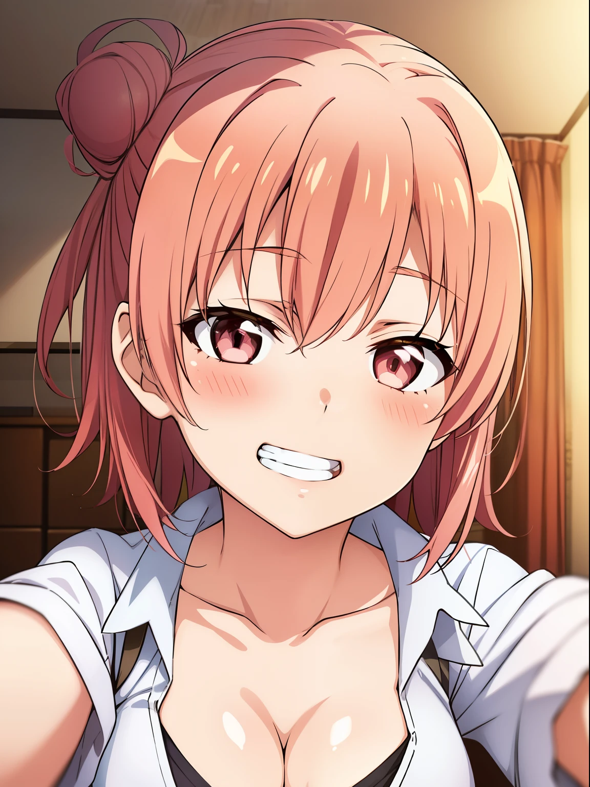 (masutepiece, Best Quality, hight resolution, nffsw, Perfect Pixel, depth of fields, 4K), 
1girl in, Solo, Lori, Beautiful anime girl, 
Looking at Viewer, 
Perfect body,  

Yuigahama Yui, Hair bun, Short hair, Pink hair, large boob, 

(Full face blush, grin,Selfie, condom in mouth), 
White shirt, Open Shirt, half closed eyes, 
PINK's Bedroom, Midnight, pink walls , 
POV,