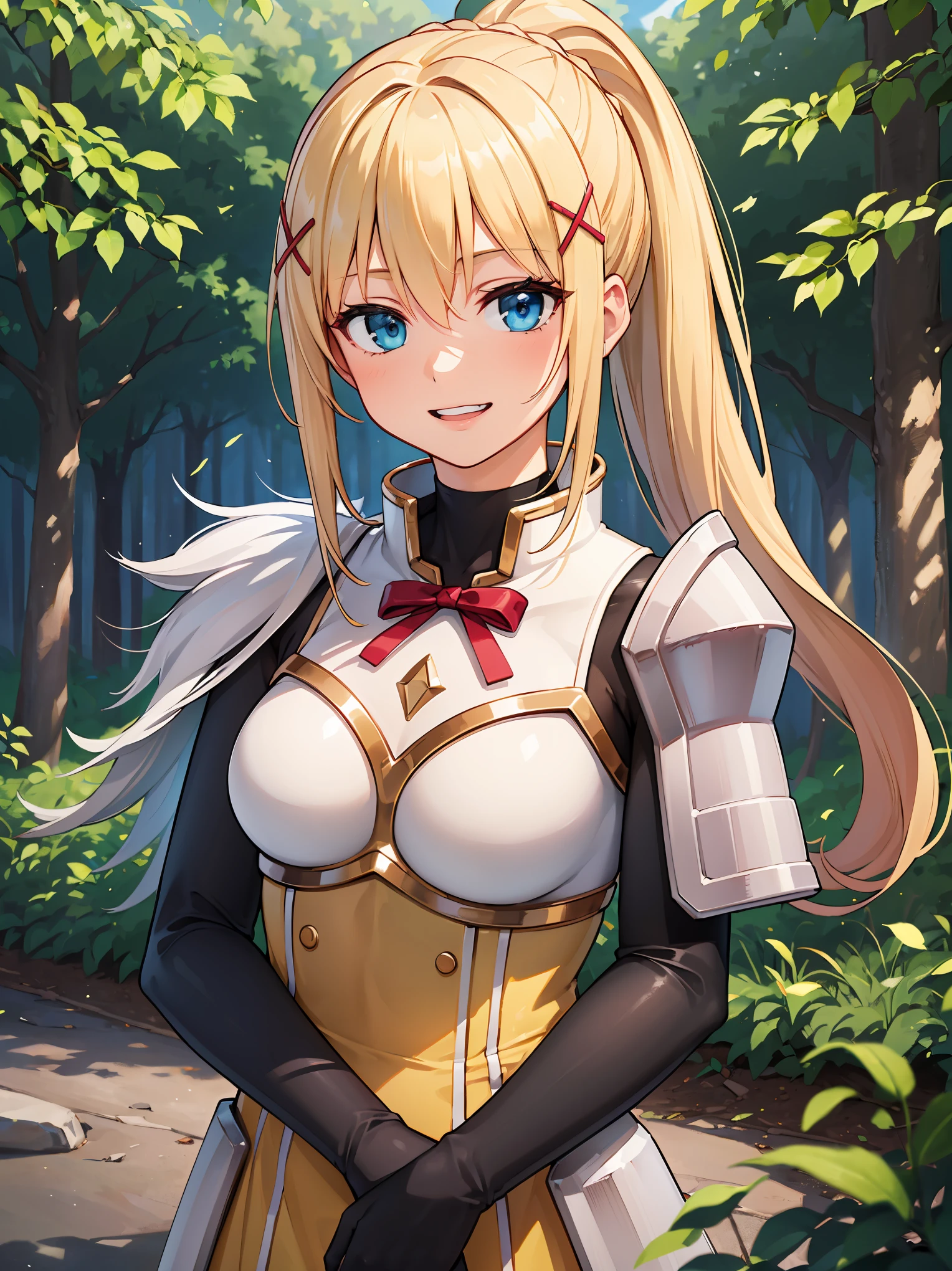 (in 8K, Raw photography, Best Quality, masutepiece: 1.2), high-definition RAW color photography, Professional Photography, Cinematic Light, (animesque:1.2), (1womanl), a blond, ((ksdarkness, ponytail, x hair ornament, armor, shoulder armor, bodysuit, black gloves, Yellow dress)), (Detailed facial expressions), slenderbody, ((Show your teeth and smile)), (((upperbody shot))), ((Kamimei)), ((in woods)), Realistic, Highly detailed, Photography, masutepiece, High quality, High quality, hight resolution, Professional Lighting,