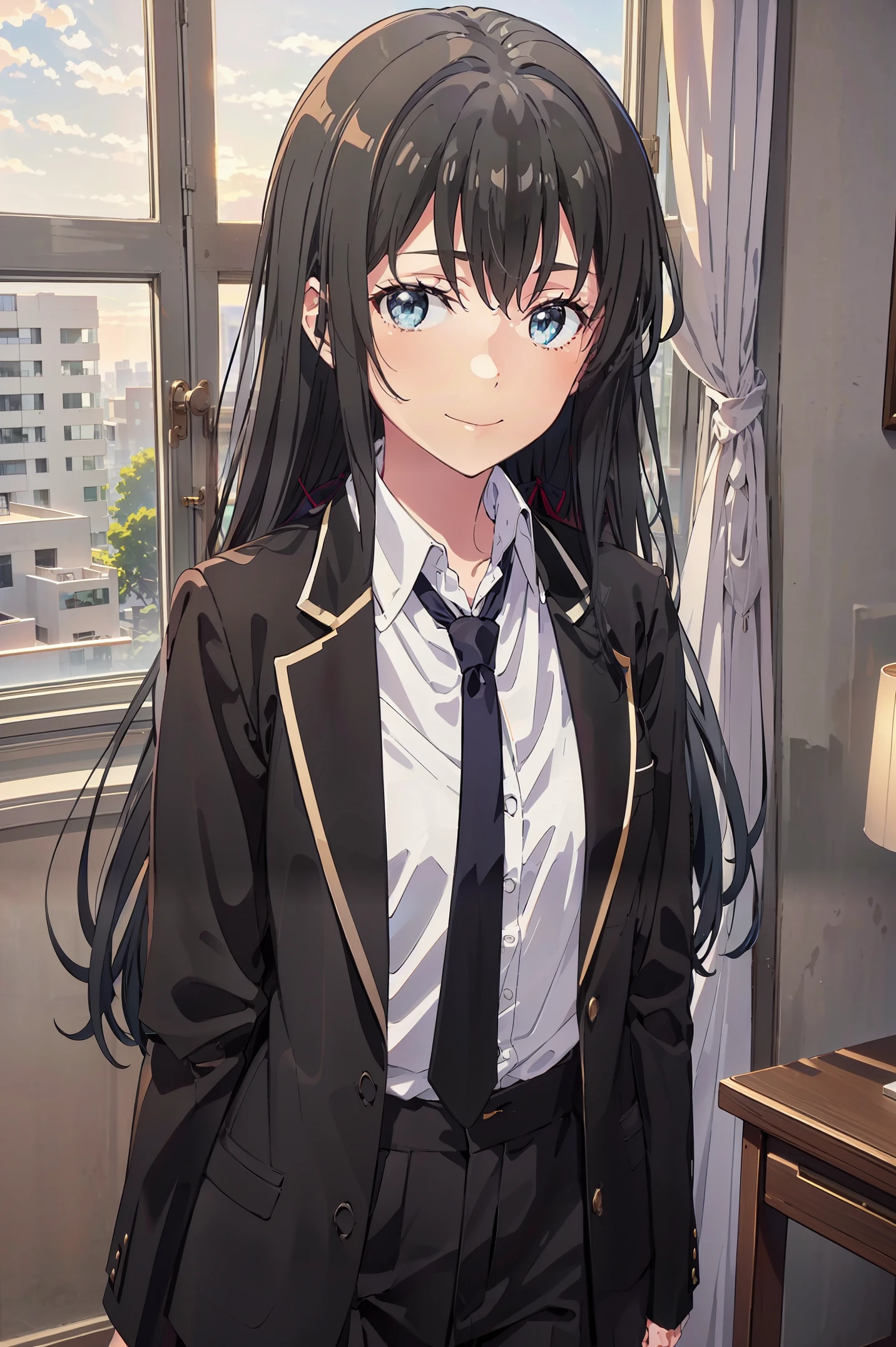 Yukinoshita yukino ,woman in formal attractive tailcoat standing in a large alcove in the room , 1girl, solo, blue necktie, black hair, blue eyes, long hair, smile , collared shirt, white pants, white shirt , tailored tailcoat elegant , standing in front of a window ,tailcoat tailored to elegant crafted from the lustrous fabric