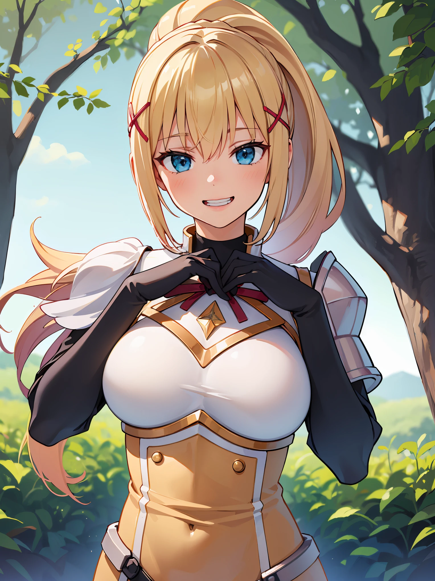 (in 8K, Raw photography, Best Quality, masutepiece: 1.2), high-definition RAW color photography, Professional Photography, Cinematic Light, (animesque:1.2), (1womanl), a blond, ((ksdarkness, ponytail, x hair ornament, armor, shoulder armor, bodysuit, black gloves, Yellow dress)), (Detailed facial expressions), slenderbody, ((Show your teeth and smile)), (((upperbody shot))), ((Kamimei)), ((in woods)), Realistic, Highly detailed, Photography, masutepiece, High quality, High quality, hight resolution, Professional Lighting,