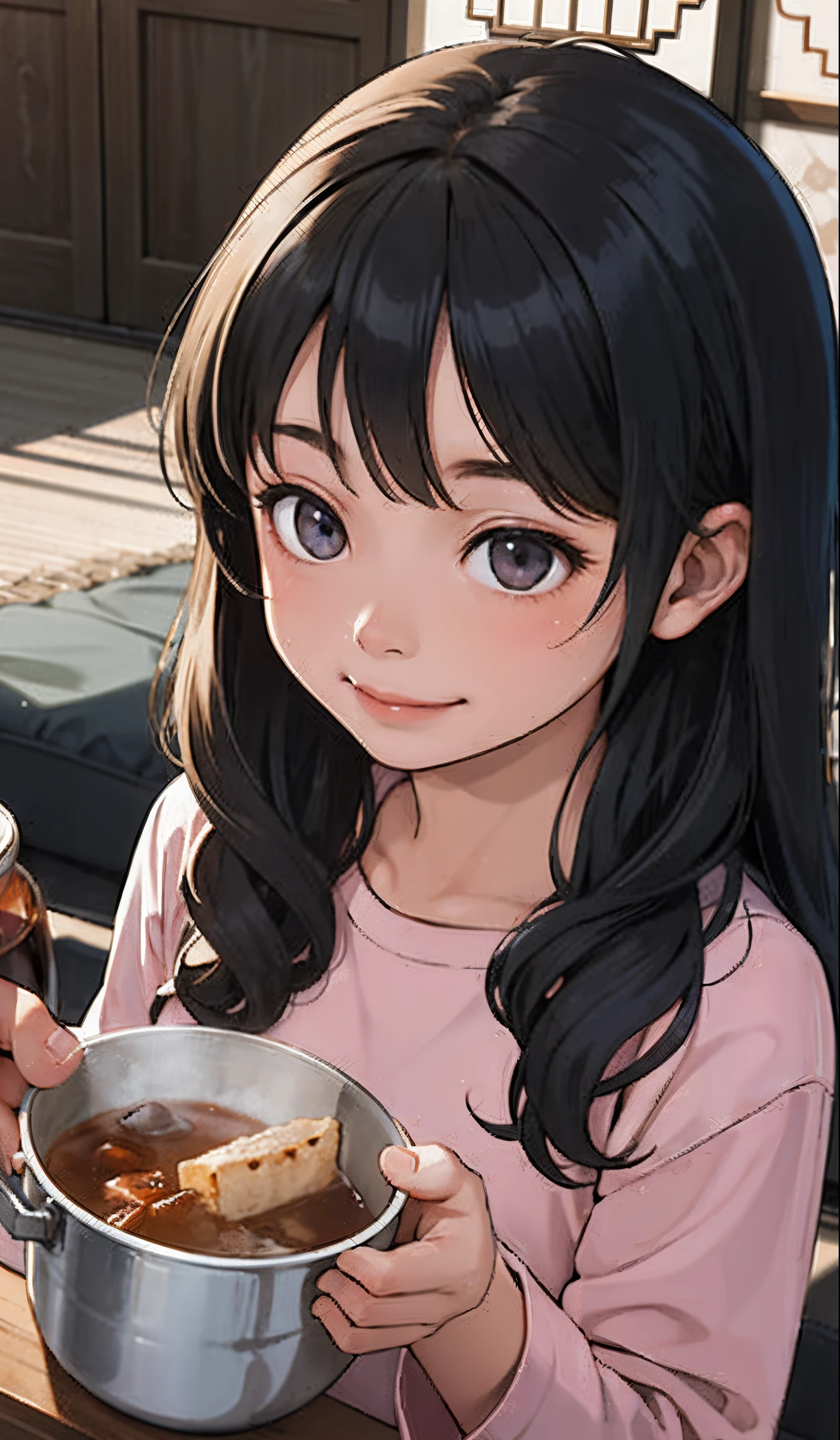 Perfect picture,,{Girl in Pajamas}{Duan,Kotatsu}(surround the pot){Beautiful }{hedonism},{Dining,Motsunabe},8  girl,4K picture quality, Cinematic,,{Gamine},{small body and chest,,,,} Longhaire,A dark-haired,cute expression,face perfect,｛girl showing a smile｝