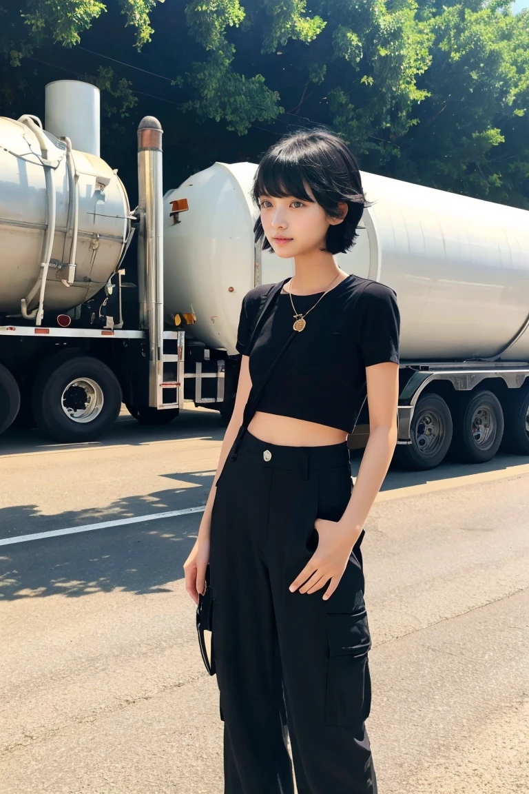 Beautiful girl standing in front of an oil tank truck、()、summer clothing、black hair shorthair、japanes、Doya face、Half Cargo Pants、tall、There is wind、