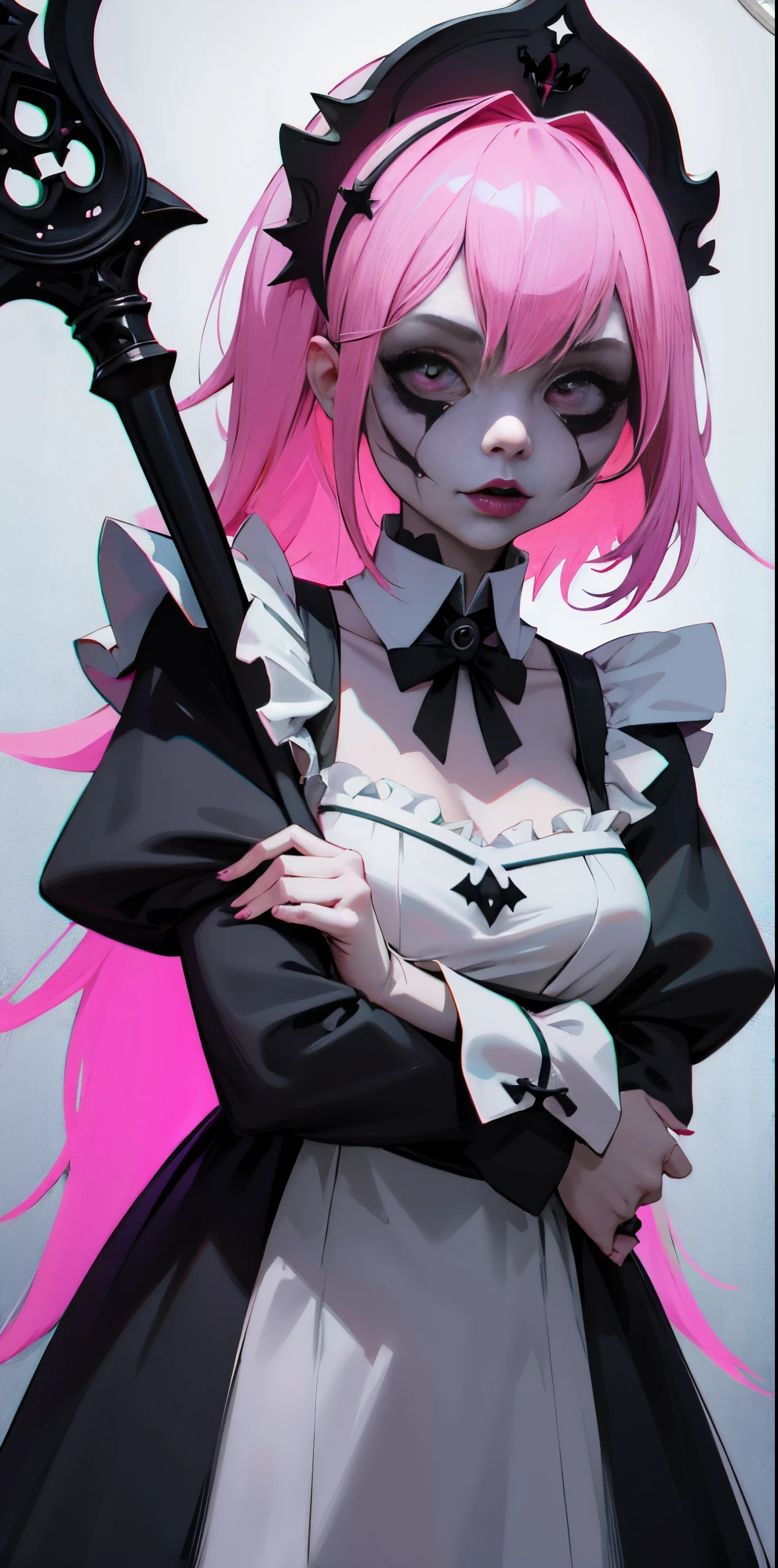 (obra maestra)Super cute pink haired woman with sideways gothic makeup, ropa de maid , Sirvienta, ropa ultra detallada,super detallado,high resolusion,8k.