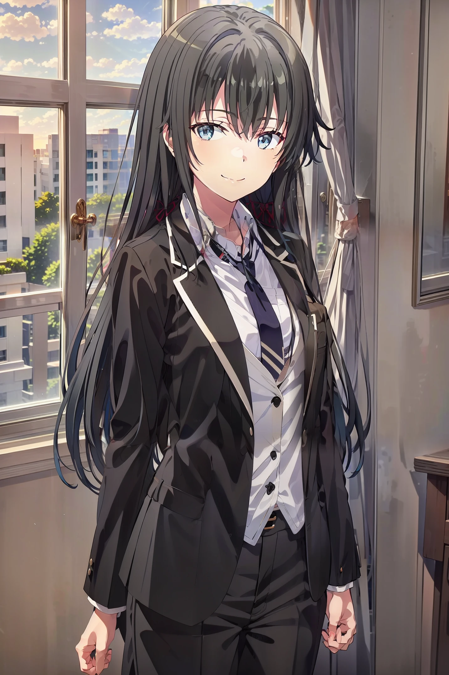 Yukinoshita yukino ,woman in formal attractive tailcoat standing in a large alcove in the room , 1girl, solo, blue necktie, black hair, blue eyes, long hair, smile , collared shirt, white pants, white shirt , tailored tailcoat elegant , standing in front of a window ,tailcoat tailored to elegant crafted from the lustrous fabric