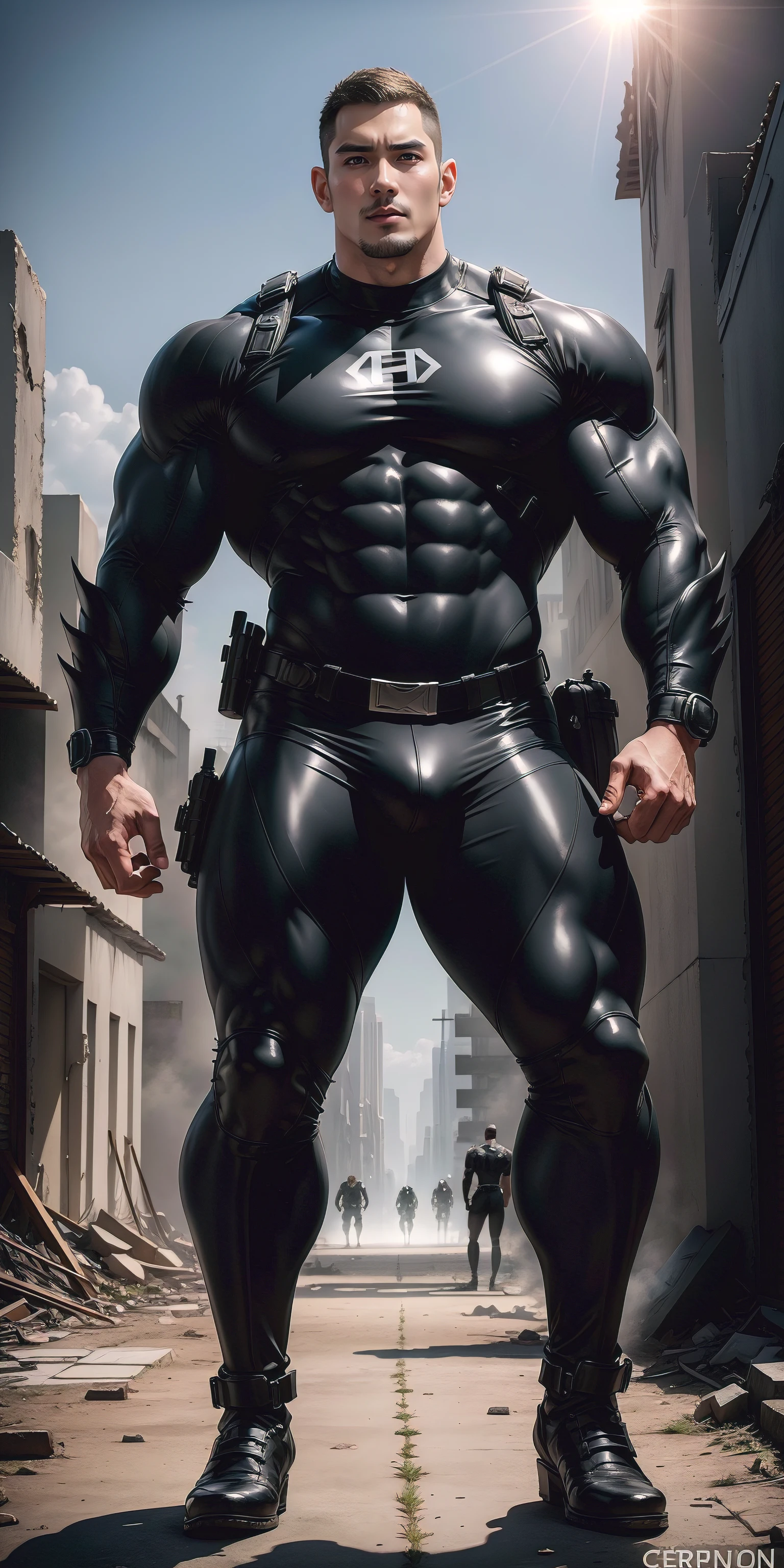 a hoge, The two-meter-tall muscular man opened his mouth and shouted.，He opened his mouth wide，character  design（Resident Evil - Chris Redfield，Chris Redfield）Wearing a shiny dark gray wetsuit，The whole body is wrapped，High-end leather texture，Regular symmetrical texture pattern，Standing alone in the ruins of the city in the open air, Bright sunlight shines on the body，，expression sad，A hero with deep and charming pupils，heroic masculine pose，Tall and burly，Muscular！Sexy and attractive leg muscles，tall, Burly, and strong， Wearing a shiny dark gray wetsuit， Super gain and cool， commission for high resolution， Big feet in dark gray boots，Charming strong man，Bright sunlight shines on the body，Reflective and shiny