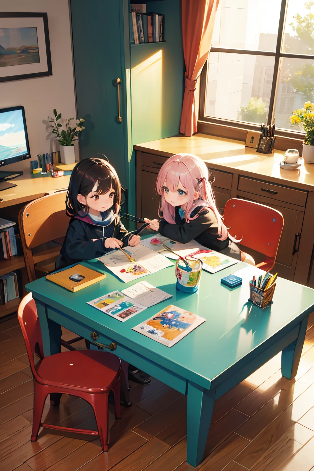 in a comfortable room,The table is filled with colorful paints、Paintbrushes and magic brushes。Two little friends,Lily and Max,Eagerly sit down and create art via video call。