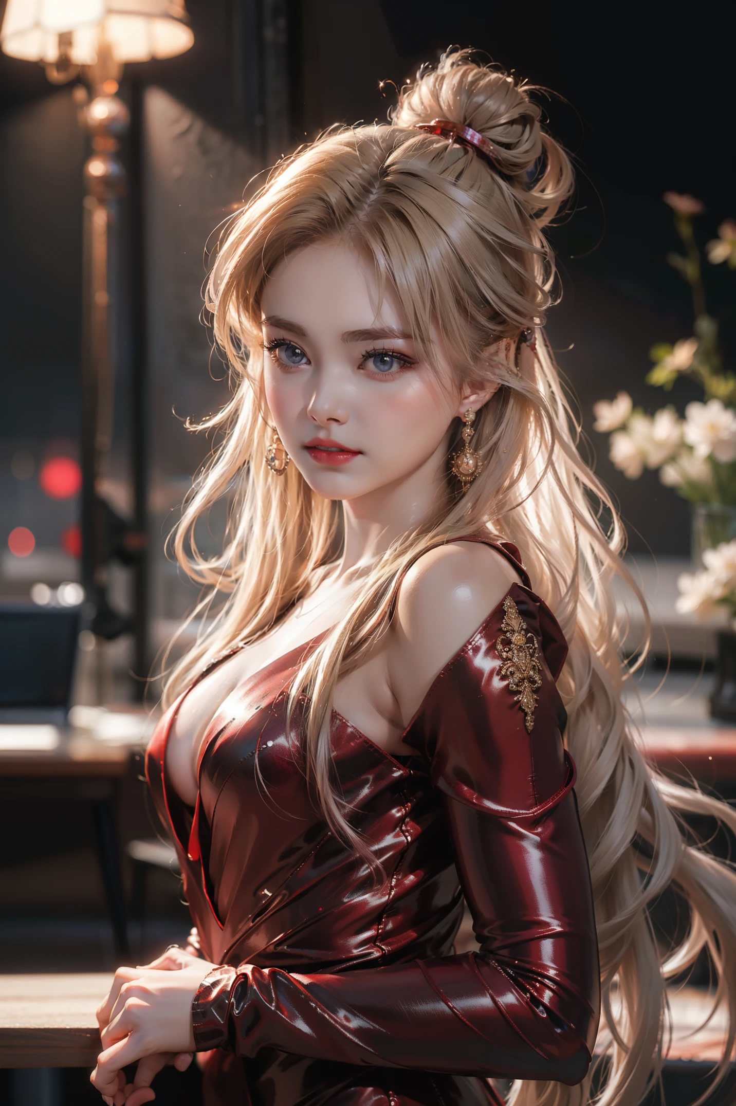 Top quality work，Photorealistic works，Ultra Premium Graphics，8K HD CG works，High-quality graphics，High-definition fine CG works，10x pixel，Ultra-fine details：1.1，Advanced technical details：1.1Photographically realistic，Indoor lighting effects：1.5，Natural light：1.5. light effect（Virtual Light Effects：1.8），超A high resolution，Shiny red dress，Long silver hair，Silver hair，Transparent hair，High Detail Hair（Premium Hair Detail：1.1）Clear eyes，Good looking double eyelids，Sharp eye makeup, Delicate makeup for eyelashes, Thin eyebrows, ultradetailed eyes，High Nose, lovely red lips, Rose cheeks, Face with delicate makeup , Pretty Face, A perfectly proportioned face,（Advanced facial details：1.1）Collection of shiny red luxury dresses，Bright red sequin dress，Sequin coat，shiny，Tight long skirt，Summer Sexy Hip Wrap Fishtail Sleeveless Commuter Maxi，Horse Stockings 100%Oil Gloss Panst Gloss Silk Luster 8D Black Silk Woman，stiletto heels，mitts，Beautiful long dresses，wonderful dress，Bright Red Series，Haute Couture Dresses Collection，Dress Photography，Authentic dress works，In the banquet hall，Women's Artwork，full-body view，Goddess of Dress，真实感，amazing，Today's eyes are bright