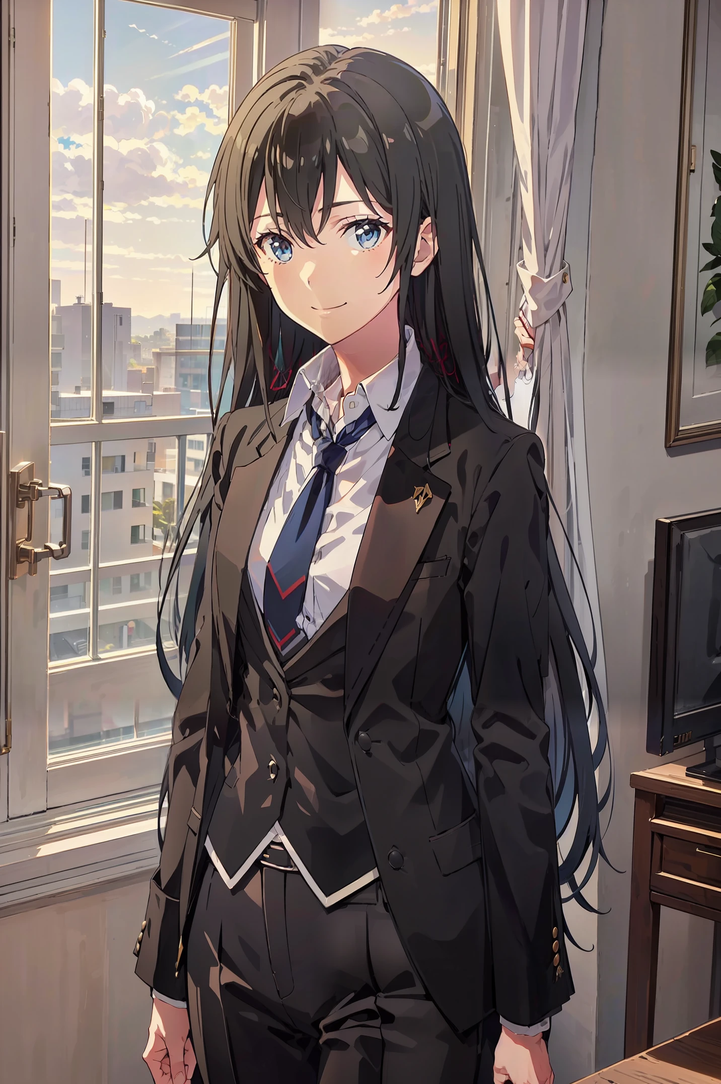 Yukinoshita yukino ,woman in formal attractive tailcoat standing in a large alcove in the room , 1girl, solo, blue necktie, black hair, blue eyes, long hair, smile , collared shirt, white pants, white shirt , tailored tailcoat elegant , standing in front of a window ,tailcoat tailored to elegant crafted from the lustrous fabric