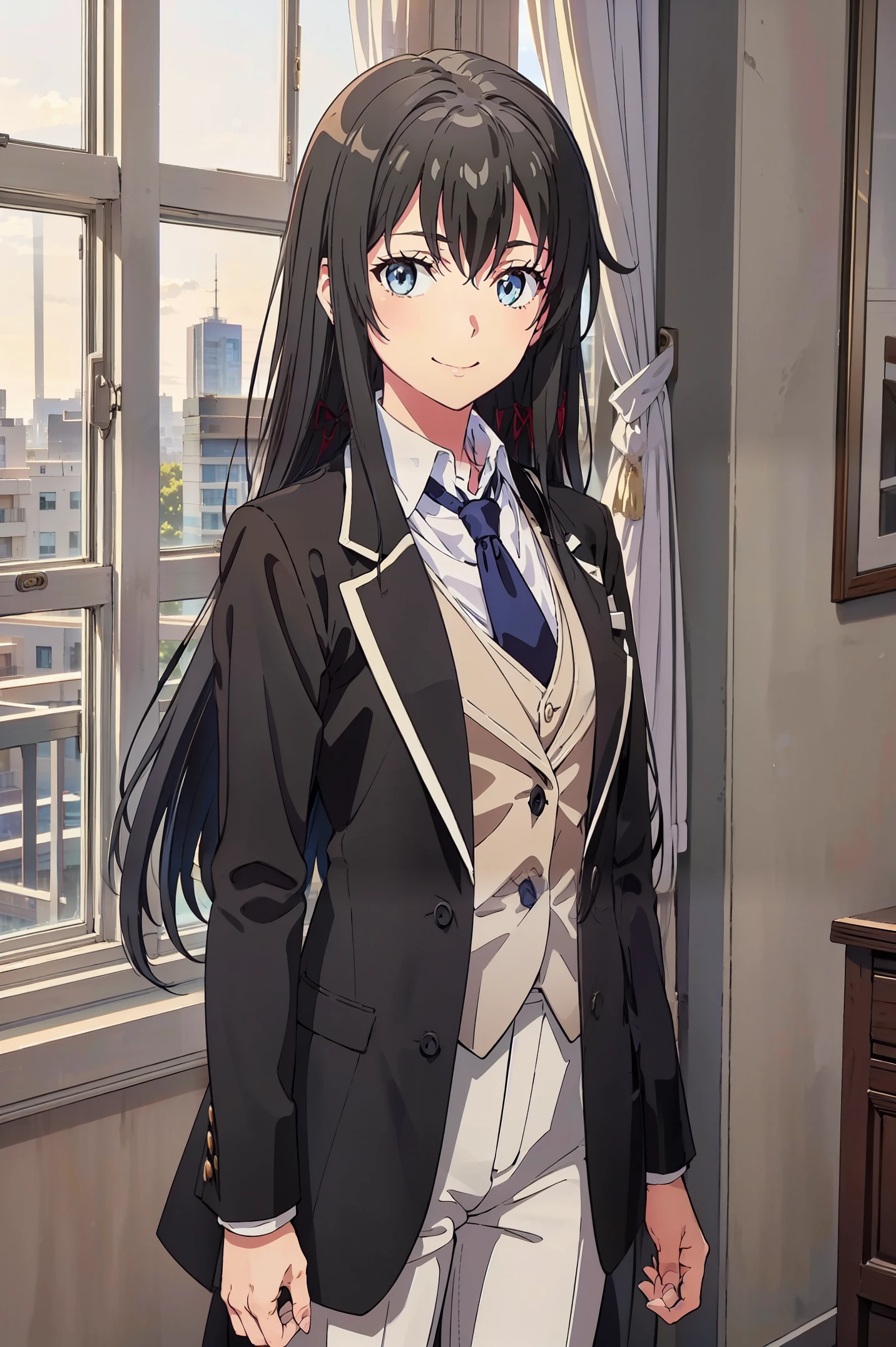 Yukinoshita yukino ,woman in formal attractive tailcoat standing in a large alcove in the room , 1girl, solo, blue necktie, black hair, blue eyes, long hair, smile , collared shirt, white pants, white shirt , tailored tailcoat elegant , standing in front of a window ,tailcoat tailored to elegant  Featuring striking Victorian theme and crafted from the lustrous fabric