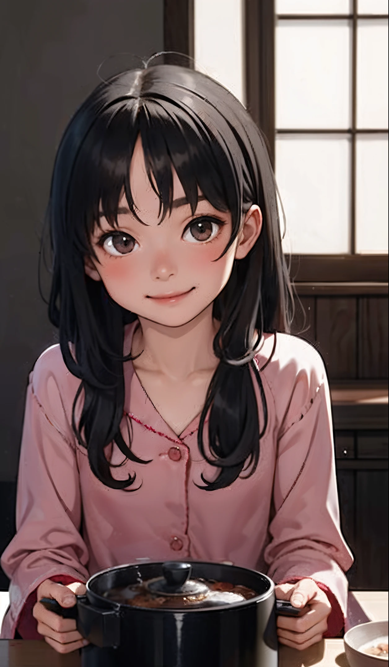 Perfect picture,,{Girl in Pajamas}{Duan,Kotatsu}(surround the pot){Beautiful }{hedonism},{Dining,Motsunabe},8 years old girl,4K picture quality, Cinematic,,{Gamine},{small body and chest,,,,} Longhaire,A dark-haired,cute expression,face perfect,｛girl showing a smile｝