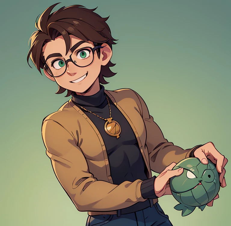 young man, brown hair, wavy hair, short hair, sharp jawline, jawline stubble, circle glasses, green eyes, handsome, smile, turtleneck sweater, black sweater, blue jeans, muscular, lean body, broad shoulders