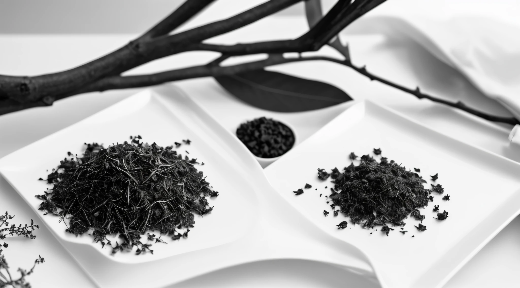 Generate a black and white picture of medicinal materials，such as dried herb bundles、tree branch、tree roots etc.，There are as many in them as there are oceans