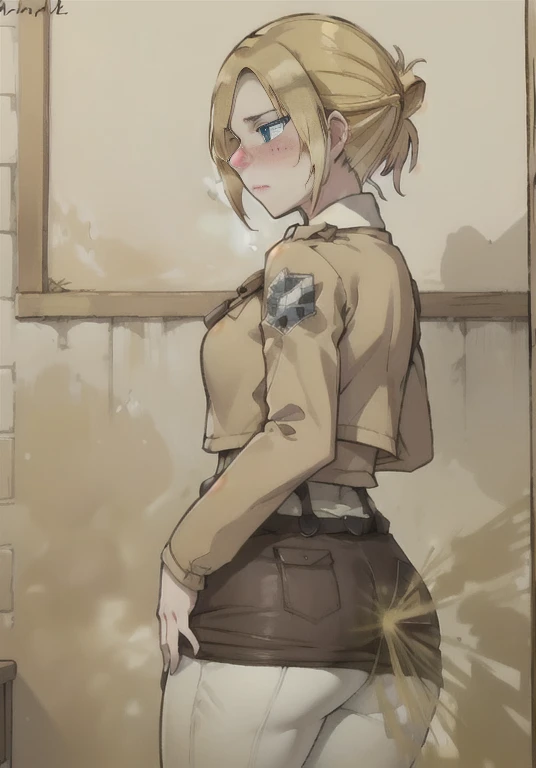 ((annie leonhart)),((velocity)),Yellow smoke,Attacked by farts, (((Women stand)),velocity,(Yellow smoke is rising),i&#39;i&#39;i&#39;i&#39;i&#39;i&#39; training field)),((One Woman)),((A girl smells a fart and frowned)),((fart while training)),((blushing)),(​masterpiece:1.2、top-quality)、(the Extremely Detailed CG Unity 8K Wallpapers、ultra-detailliert、Best Shadows)、(细致背景)、(The best lighting、extremely delicate and beautiful)、depth of fields、1girl in、独奏 ,looking arround her,Women wear  scout outfit and wear white legging,Ephemeral,,(blonde),(scout regiment outfit)),((((Girl is embarassed when she smells the bad smell of farts)))),outfit like a scout regiment,((((profile facing diagonally)))),((i&#39;I closed my mouth with hand feel embarassed...)),(()),((embarassing look)),((massive fart)),((fart text))