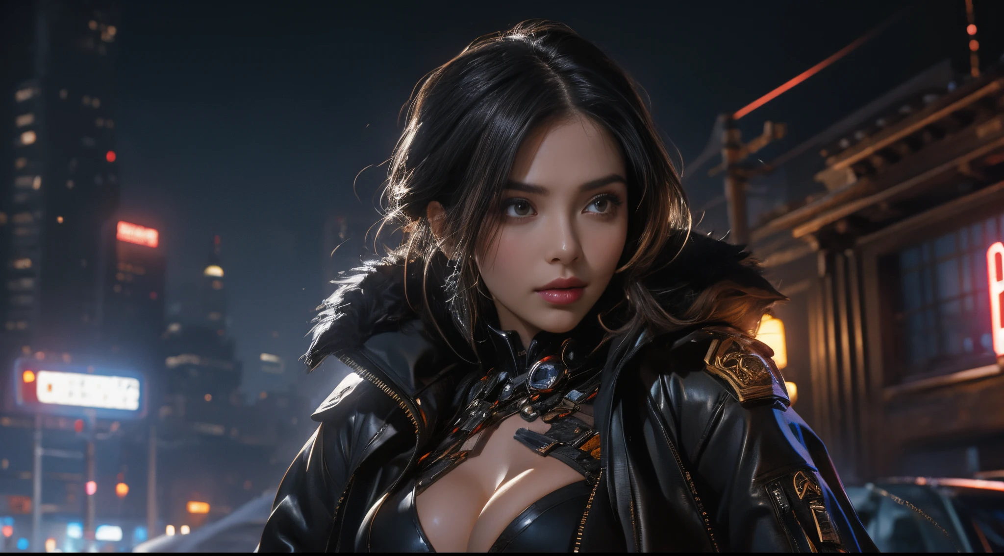 tmasterpiece,quality,Best quality at best,offcial art,(Beauty and aesthetics:1.2),(tmasterpiece:1.3),The cities of the future,cyber punk personage,one-girl,Fur coat,did not wear underwear,Sexy figure,looking at the camera in,(closeup cleavage:1.8),volume fog,snow cover,nevando,dramatics,Christmas Eve