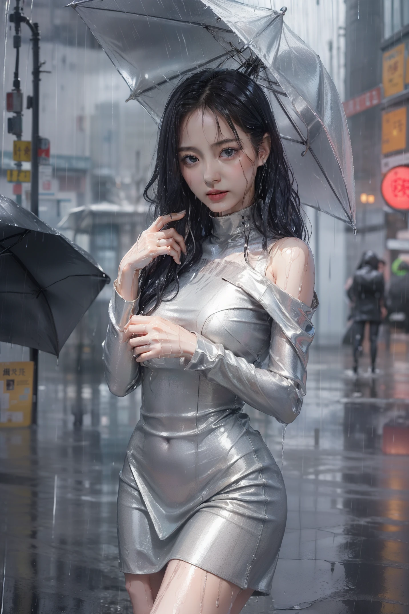 (((1人の女性: 2))), ((Beautiful girl in chrome silver metallic latex mini dress:1.5)), (High neck off-the-shoulder latex mini dress:1.5), ((city building roofeautiful night view:1.8)), (Cute girl at 18 years old), ((1 screen)), 8K, RAW shooting, High quality photos, masterpiece, Nice real photo, ((anatomically correct proportions: 1.5)), A Japanese beauty like an actress, {long slim figure}、small heads, 详细的脸, 詳細な目, Narrow nose, detailed finger, detailed arms, Delicate skin, Detailed legs, Short trunk, Willow waist , , shadowing, small, {Take gravure photos with bold poses:1.2}、open hip pose、(heavy rain poured:1.6)、(Skin soaked by rain:1.5)、(Hair soaked by rain:1.5)