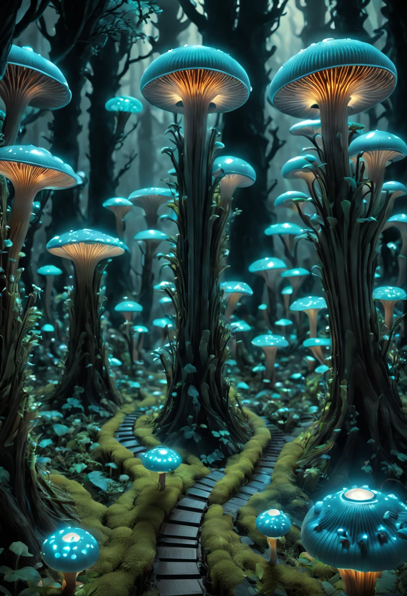 Bioluminescent Mushroom Forest Flora Diversity: The forest is a labyrinth of towering mushrooms and luminescent flora. A futuristic cyberpop style city in a bioluminescent mushroom forest on a rare exotic exoplanet in a distant galaxy; up-close, wideshot, cinematic