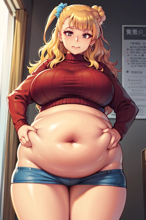 Fat, chubby, large belly, pregnant, obese, very fat, Galko, big belly, very fat, large stomach, chubby (best quality, masterpiece), thanksgiving, wearing sweater, measuring her waist with a tape measure, tape measure wrapped around her waistline, she has a tape measure around her waist, tape measure around middle