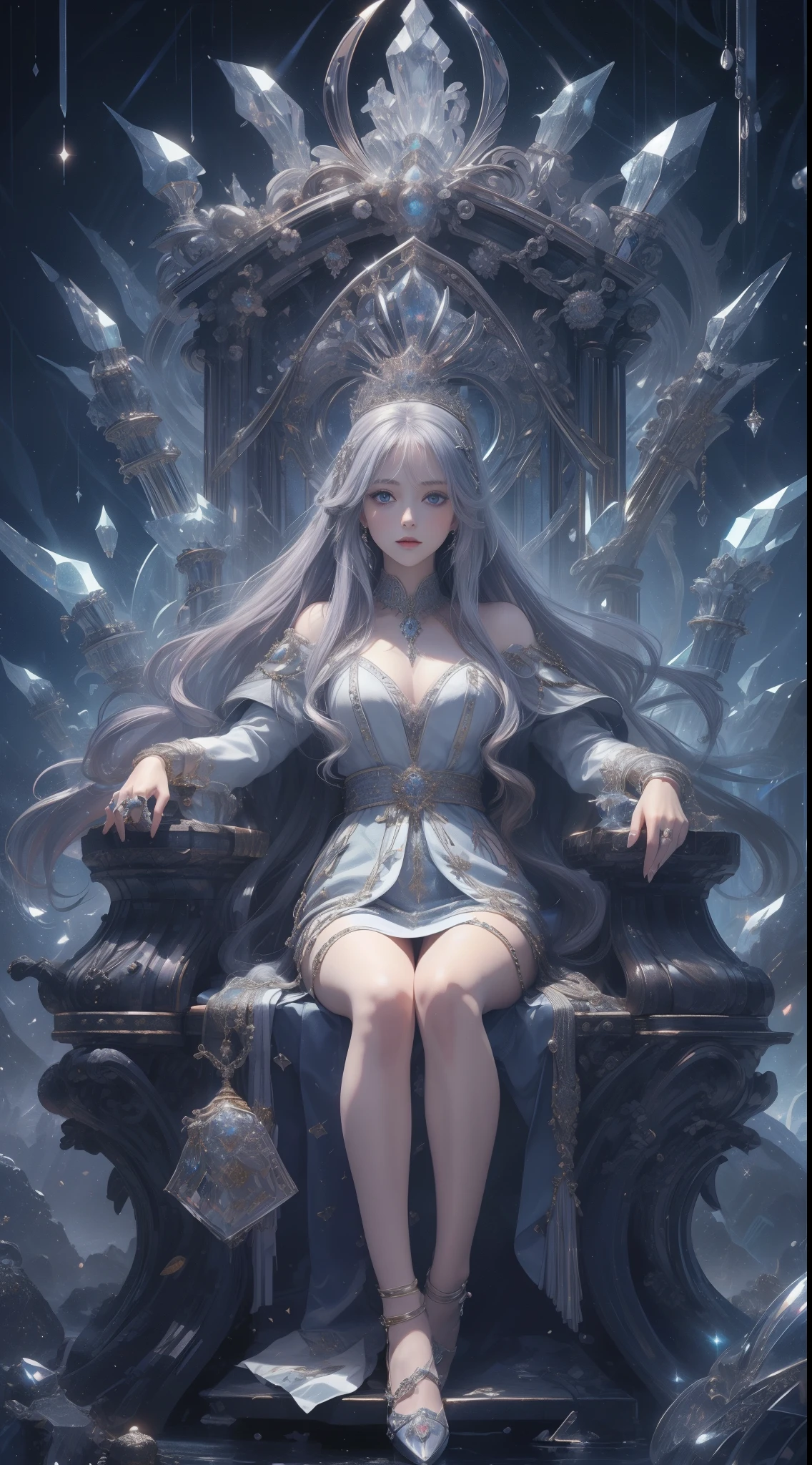 tmasterpiece,Highest image quality,Beautiful bust of the noble queen,Exquisite silver long straight hair hairstyle,lucid blue eyes,The sweater is decorated with a dazzling array of、fine jewelry,Sit on the throne,Ultra-detailed details,advanced。At the Pixiv Art Station,Break your own power,,The kinky is exposed,R-18G