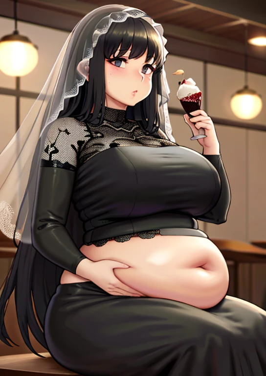 fat, big belly, chubby, osaragi, chubby, black lace dress, black veil, holding   icecream in a restaurant, sitting, table with desserts, grabbing her belly