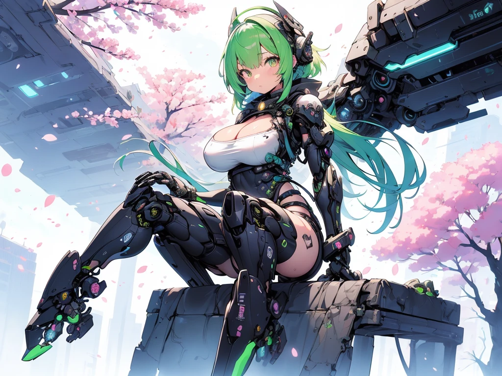 (Best proportions body, enormous breasts, cleavage, cute hips, thin waist), ((sitting, spreading legs:1.5, panties)),　　　　The most beautiful and sexy mecha warrior girl, neon green hair, yellow eyes, wearing a highly detailed futuristic hooded mecha battle armor, mechanical angel wings, huge enormously gigantic tits, cleavage showing, tons of tattoos and piercings, in hyper futuristic city metropolis, cherry blossoms blowing in the wind, highly detailed background, absurdres, highres, ultra detailed, (cute illustration:1.5), (cute,kawaii,sweet:1.2),
(1girl:1.4), bodysuit, cyborg girl,
hyper gigantic mechanical hands,dynamic pose, 
nice hands, perfect hands, incredibly cinematic, best quality, best resolution