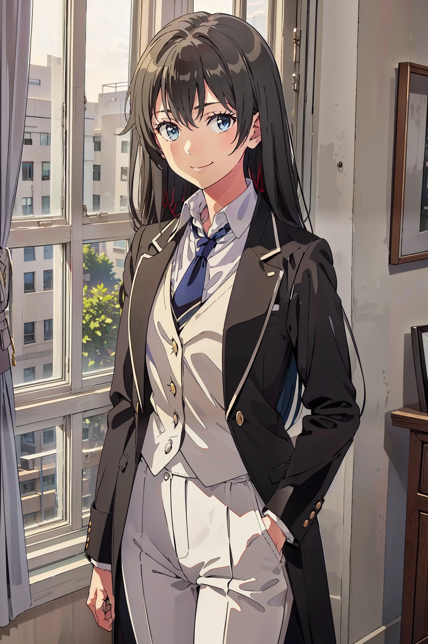 Yukinoshita yukino ,woman in formal attractive tailcoat standing in a large alcove in the room , 1girl, solo, blue necktie, black hair, blue eyes, long hair, smile , collared shirt, white pants, white shirt , tailored tailcoat elegant , standing in front of a window ,tailcoat tailored to elegant  Featuring striking Victorian theme and crafted from the lustrous fabric