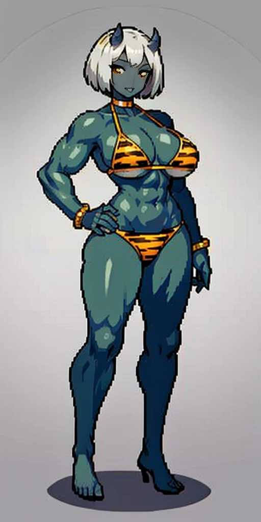 perfect hair, perfect body, looking at the viewer, standing, posing, mature female, very grey skin, muscular body, female oni, big breast, black chocker, slave chains, (((grey skin))), (detailed yellow bikini with tiger dots)