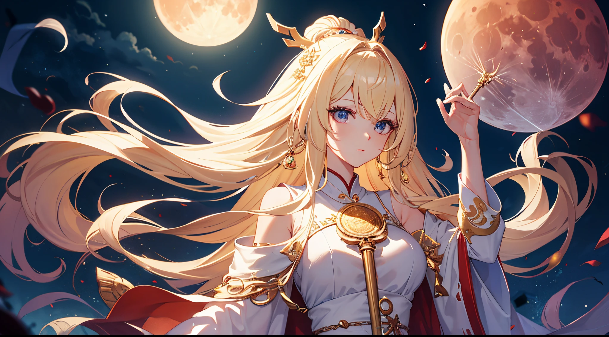 Masterpiece, best quality, Gigantic Key staff, Full Blood Moon, White headphone, blonde, Korean, beautiful face, tall, slender, goddess of the moon, detailed face, moon temple